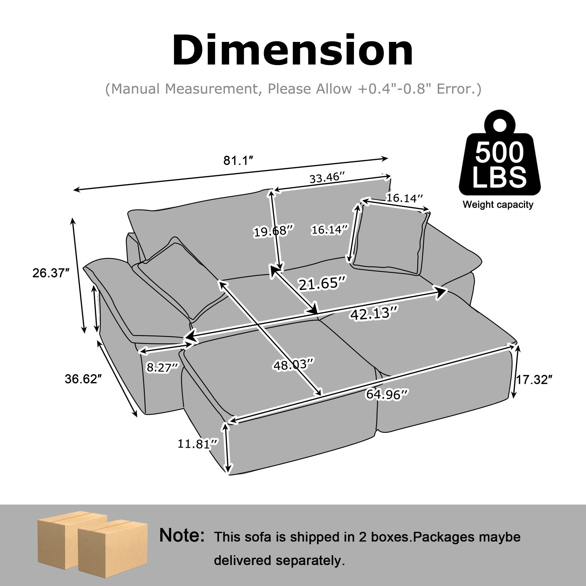 Dimension (Manual Measurement, Please Allow +0.4"-0.8" Error.)  
81.1"  
33.46"  
16.14"  
500 LBS Weight capacity  
19.68"  
16.14"  
26.37"  
21.65"  
42.13"  
36.62"  
8.27"  
48.03"  
64.96"  
17.32"  
11.81"  

Note: This sofa is shipped in 2 boxes. Packages may be delivered separately.
