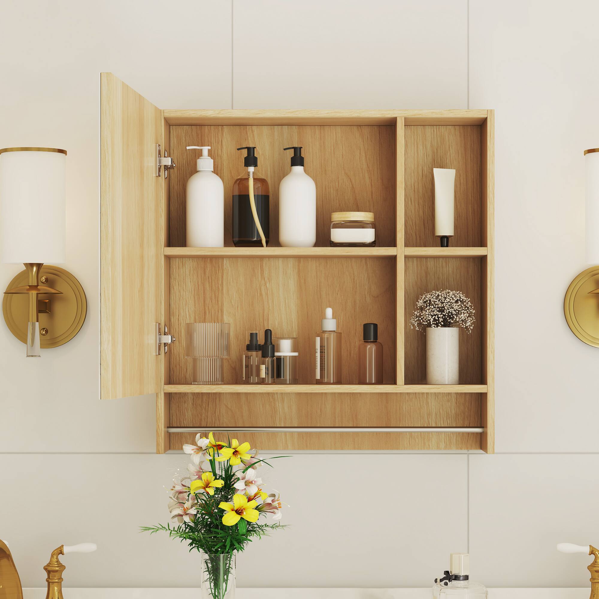 Back. TinyHomie - Bathroom Mirror Cabinet Wall Mounted Medicine Cabinet Over The Toilet Storage Cabinet with Shelves and Towel Rack - Brown.