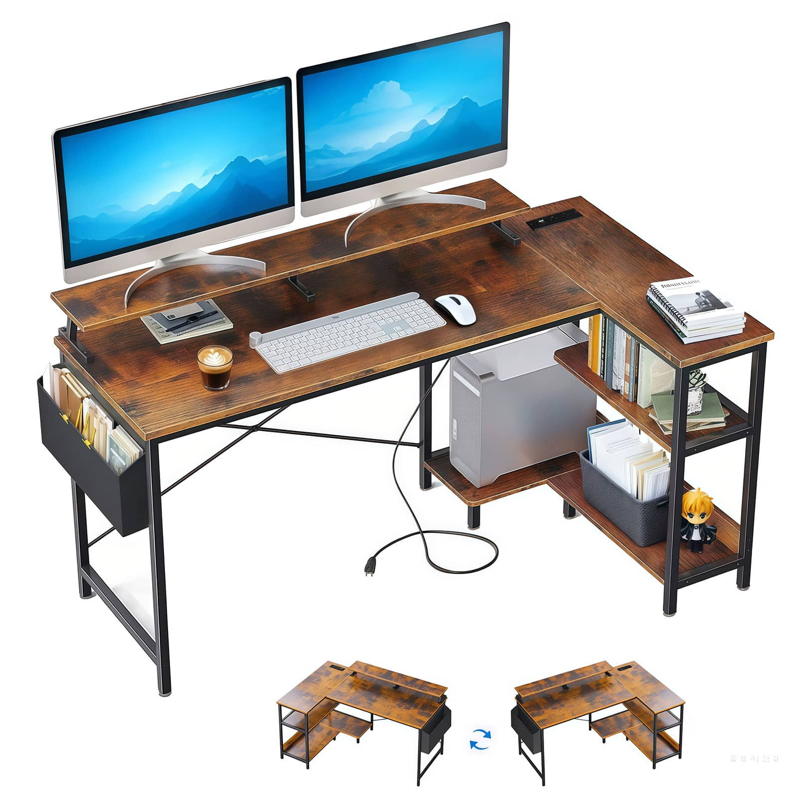 Spaco - 47'' L-Shaped Gaming Computer Desk, Power Outlets, Monitor Shelf, Small Space - Black+Brown