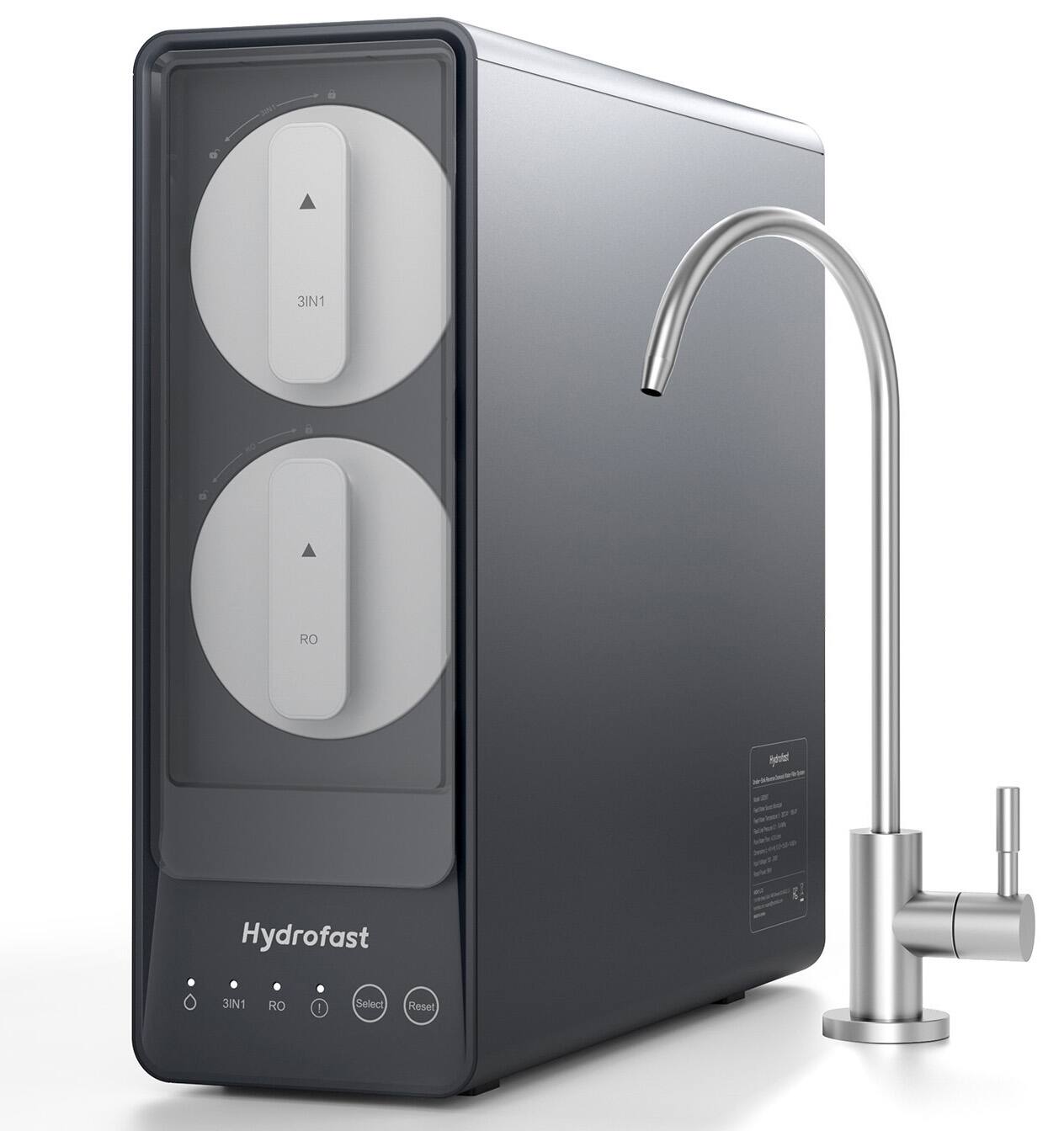 Hydrofast - UB200T Under-Sink RO Water Filter System, 9-Stage Filtration, 800 GPD, 2.5:1 Pure to Drain, Room Temp - Dark Gray