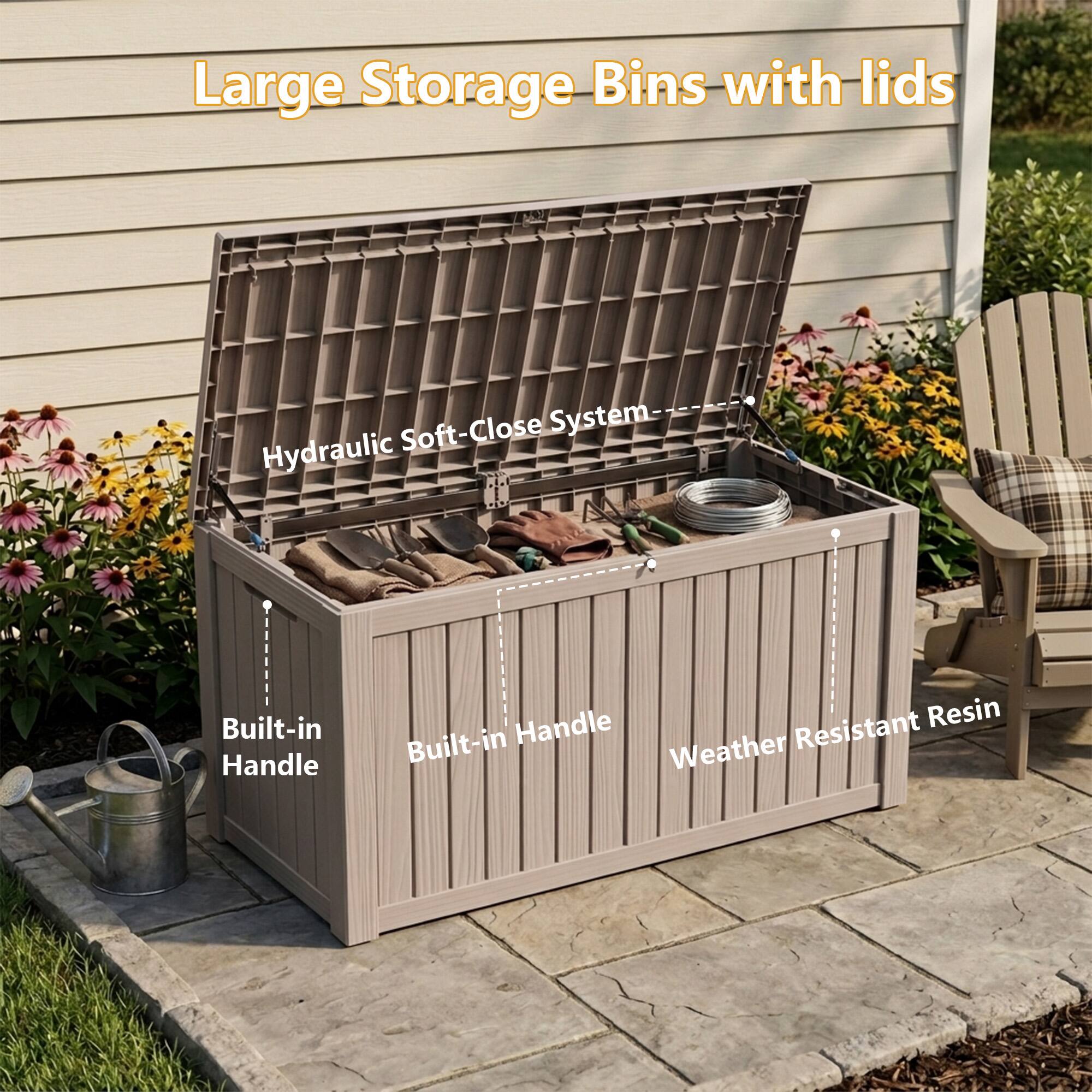 Large Storage Bins with lids

- Hydraulic Soft-Close System
- Built-in Handle
- Weather Resistant Resin