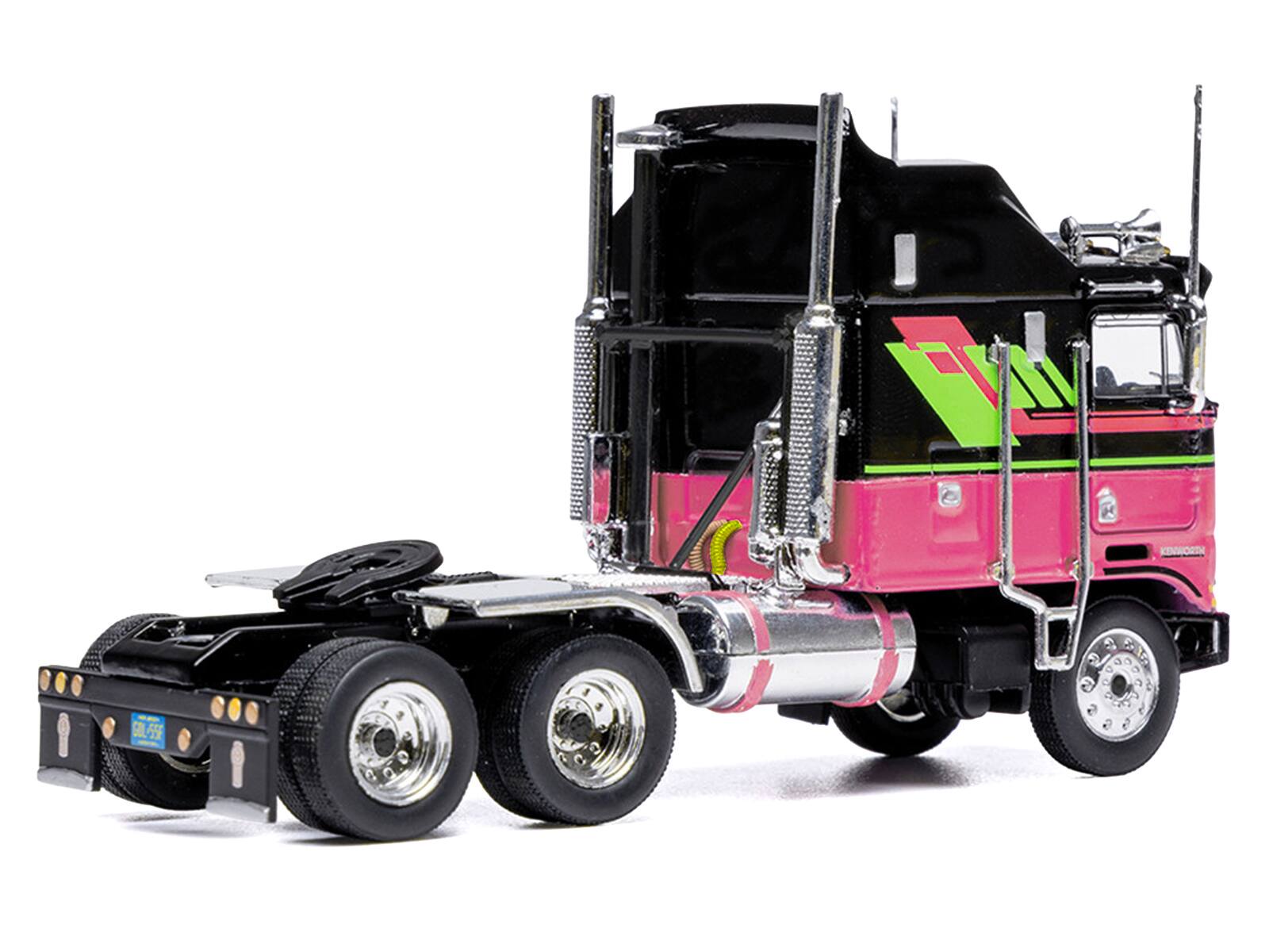 Angle. IXO - 1976 Kenworth K100 Aerodyne Truck Tractor Black and Pink with Graphics 1/64 Diecast Model by IXO Models - Black and Pink.