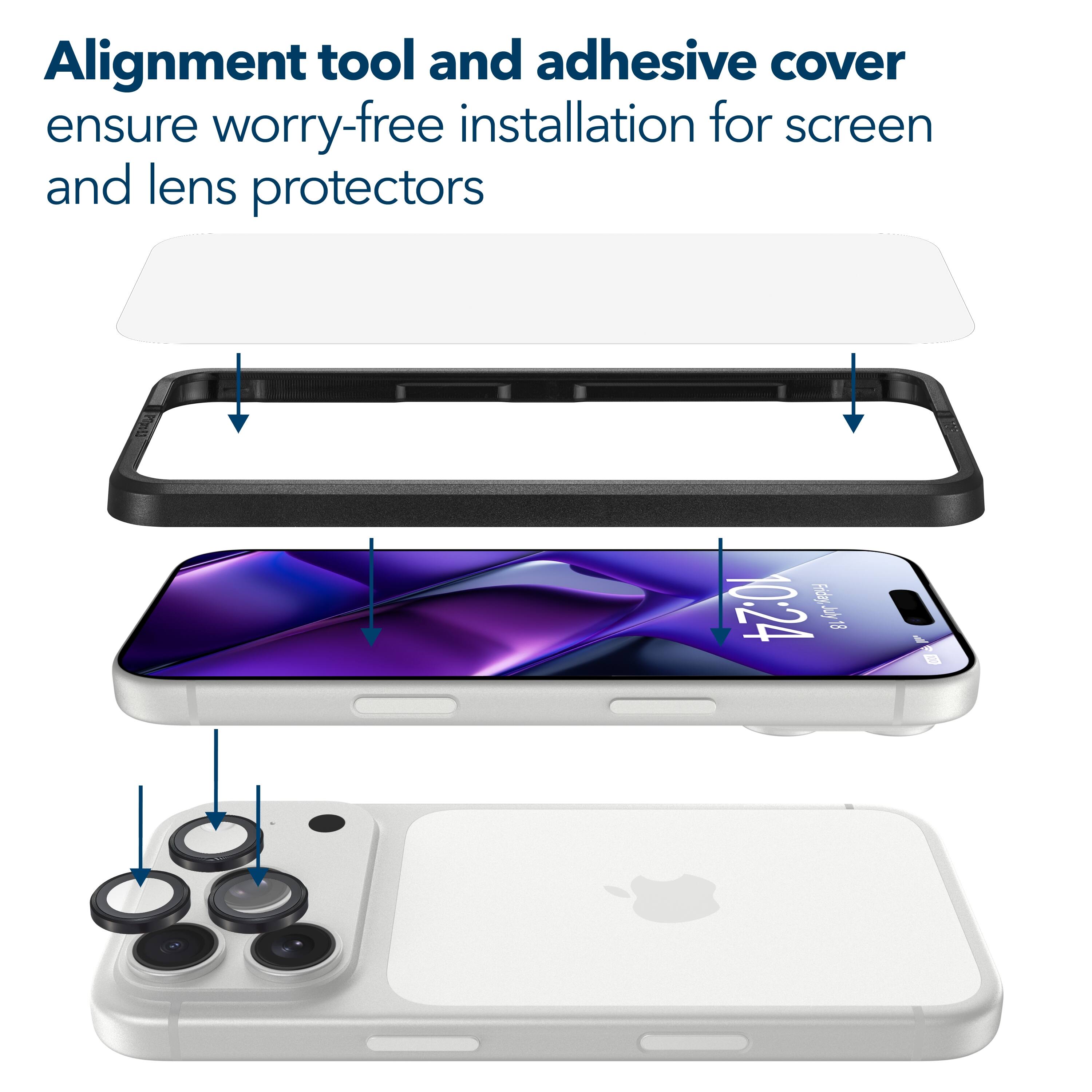 Alignment tool and adhesive cover ensure worry-free installation for screen and lens protectors