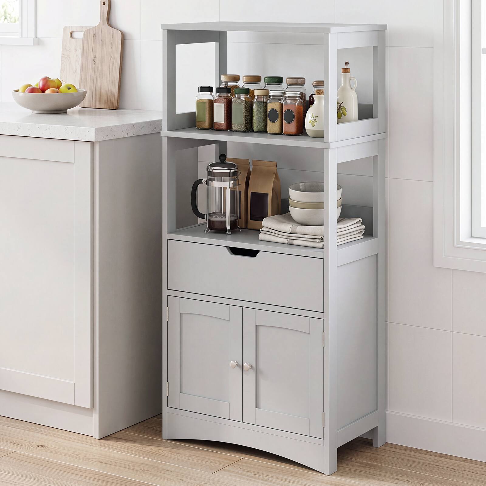 Alt View 1. Gymax - Gymax Kitchen Pantry Cabinet w/ Open Shelves Drawer & Doors Floor Storage Cabinet for Bathroom Gray - Grey.