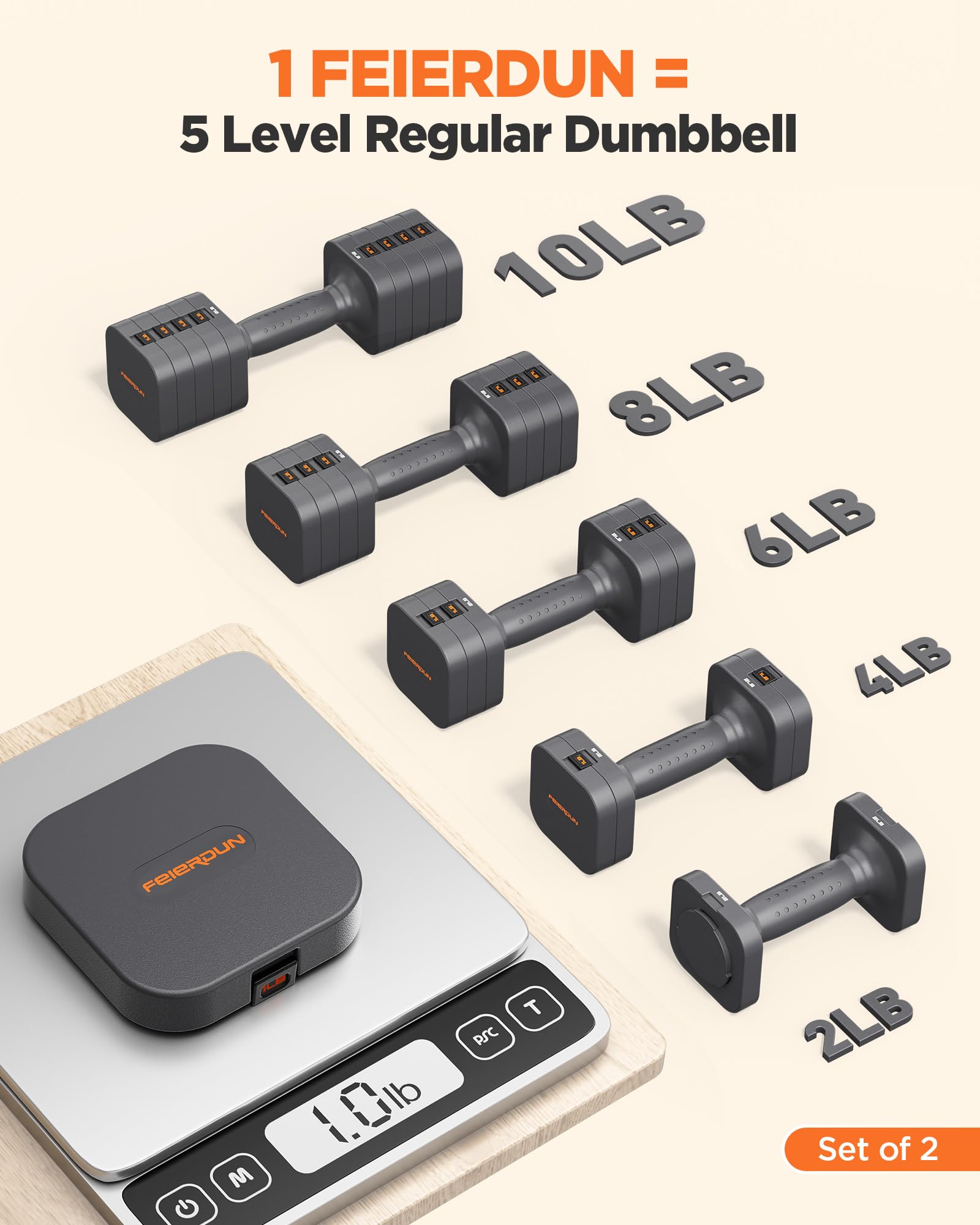 1 FEIERDUN = 5 Level Regular Dumbbell  
10LB  
8LB  
6LB  
4LB  
2LB  
Set of 2