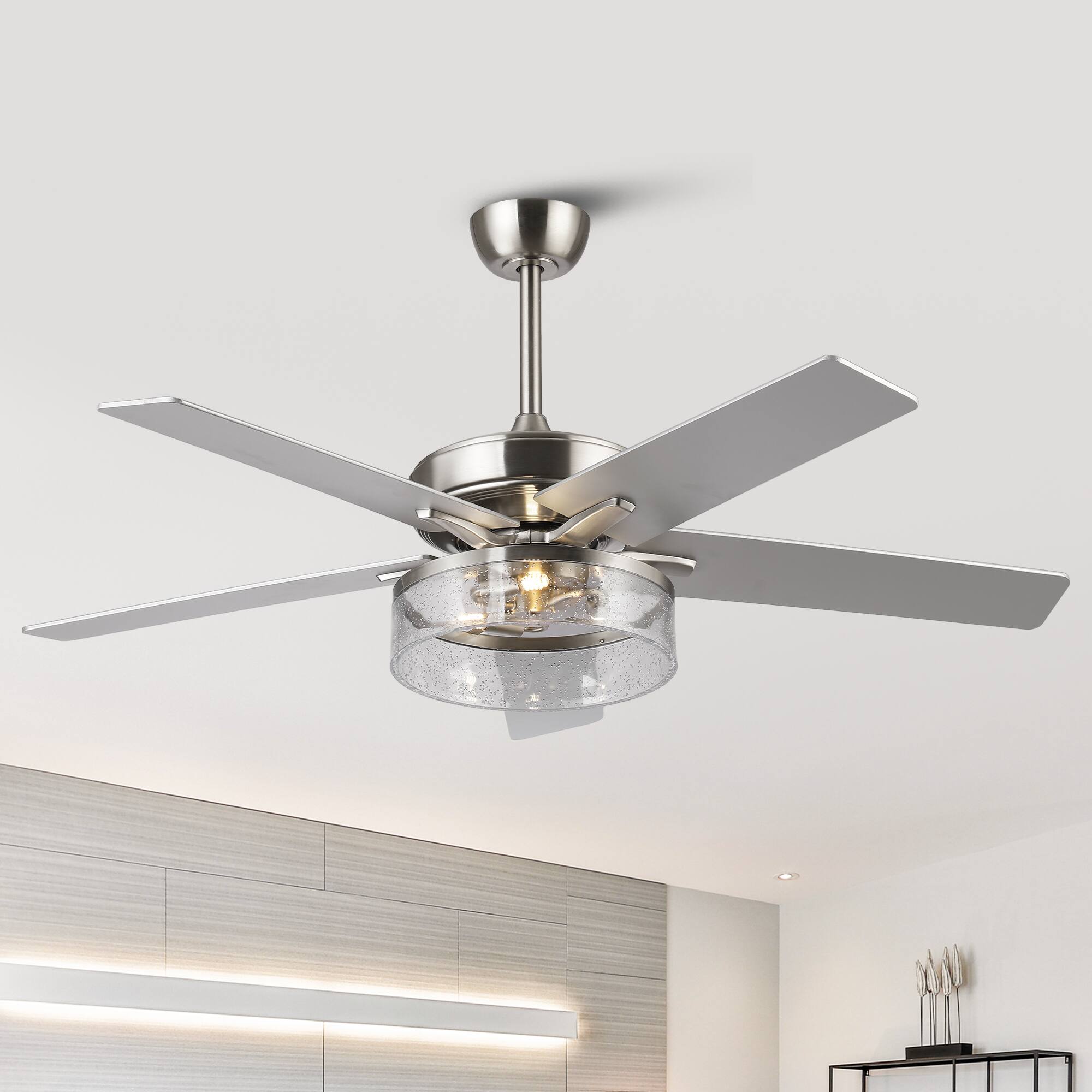 Parrot Uncle - 52-inch Modern Satin Nickel Bubble Shade Ceiling Fan with Light and Reversible Blades - Sand Nickel