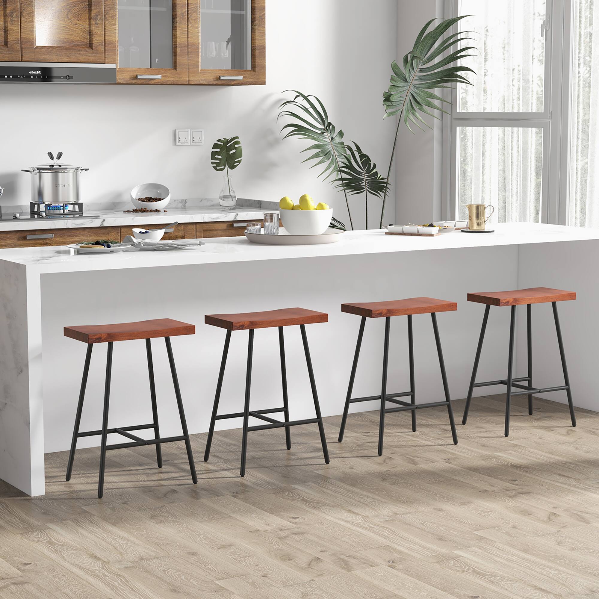 Alt View 1. Gymax - Gymax Saddle-Seat Bar Stool 4 Set Counter Height Bar Stools w/ Curved Seat Surface - Walnut, Black.