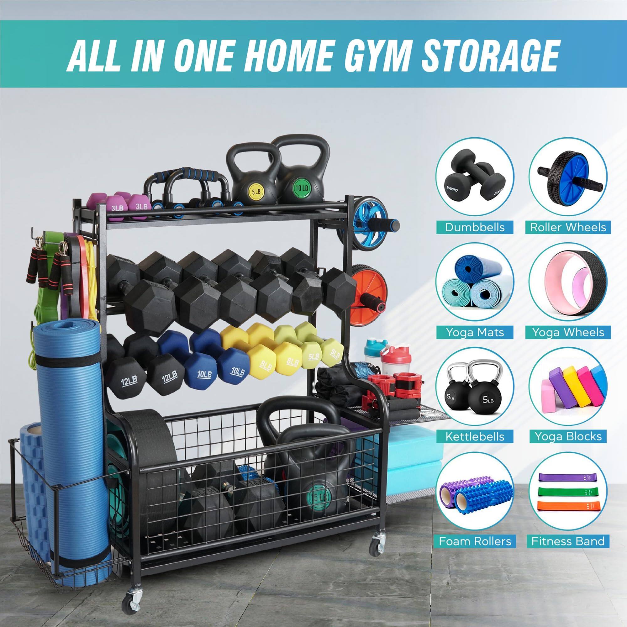 ALL IN ONE HOME GYM STORAGE

- Dumbbells
- Roller Wheels
- Yoga Mats
- Yoga Wheels
- Kettlebells
- Yoga Blocks
- Foam Rollers
- Fitness Band