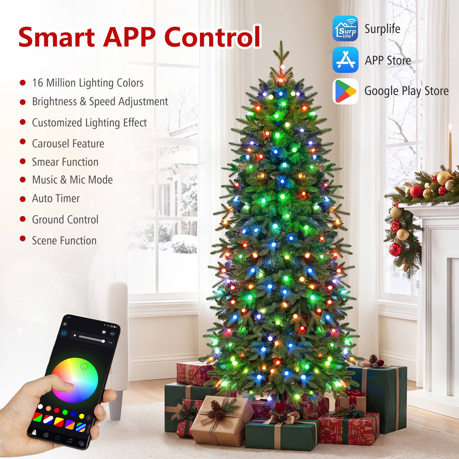 Smart APP Control

- 16 Million Lighting Colors
- Brightness & Speed Adjustment
- Customized Lighting Effect
- Carousel Feature
- Smear Function
- Music & Mic Mode
- Auto Timer
- Ground Control
- Scene Function

Surplife
APP Store
Google Play Store