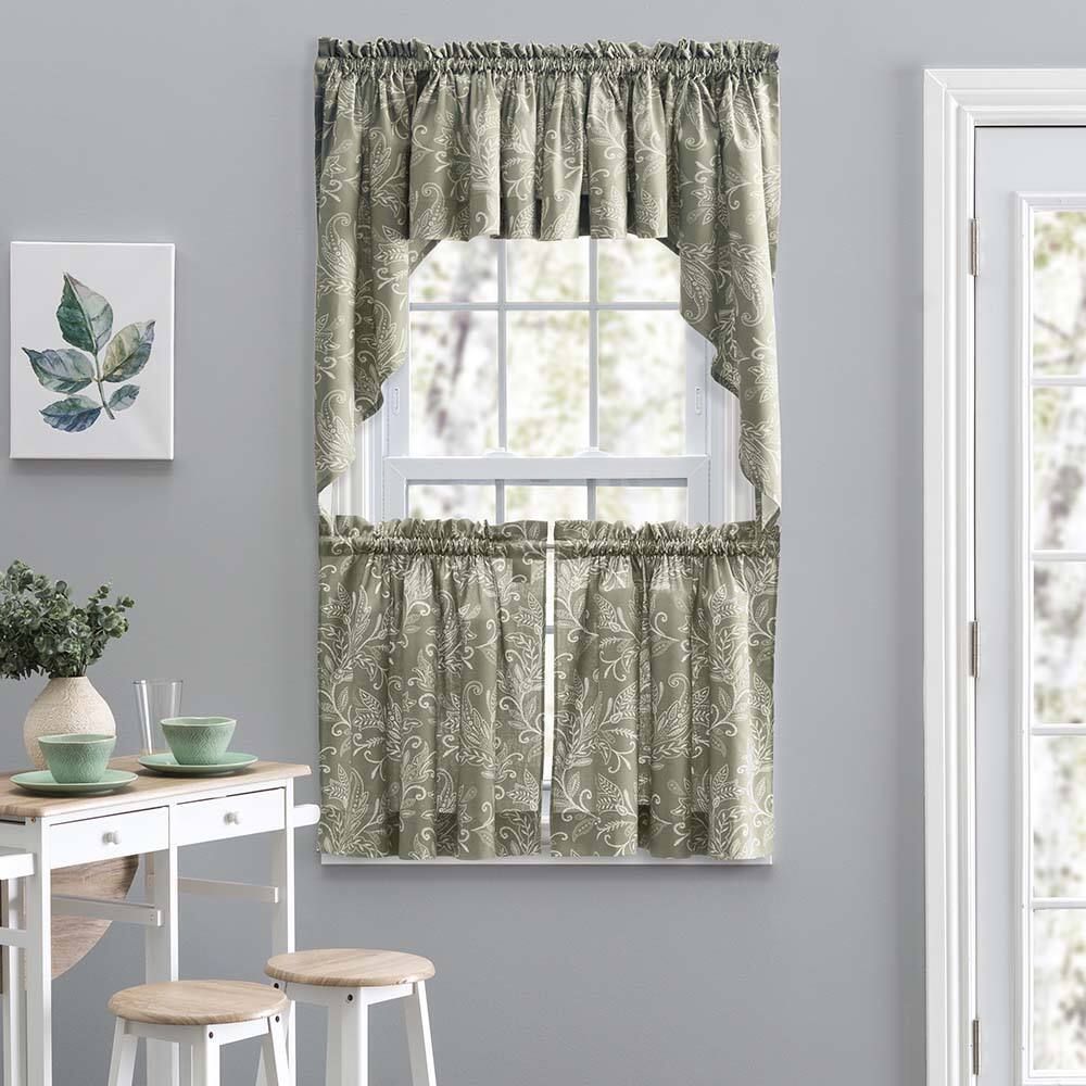 Left. Ellis Curtain - Ellis Curtain Lexington Leaf Pattern on Colored Ground Curtain Tiers 56"x36" Sage - Sage.