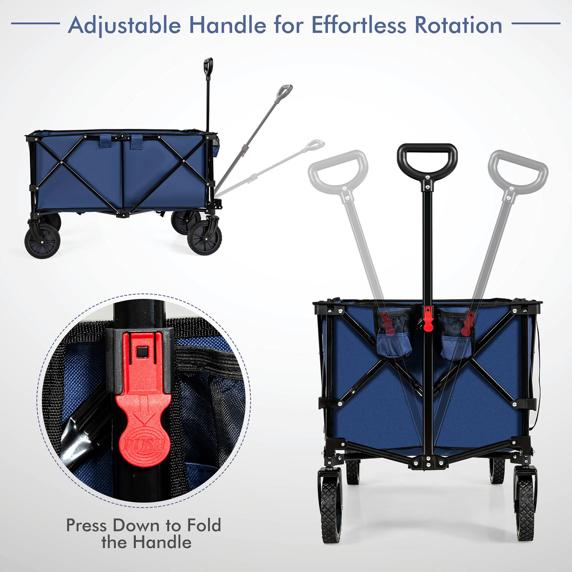 Adjustable Handle for Effortless Rotation: Push down to fold the handle.