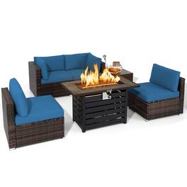 Costway - 6PCS Patio Rattan Furniture Set 42" Fire Pit Table Cover Sofa Cushion - Mix Brown,Navy