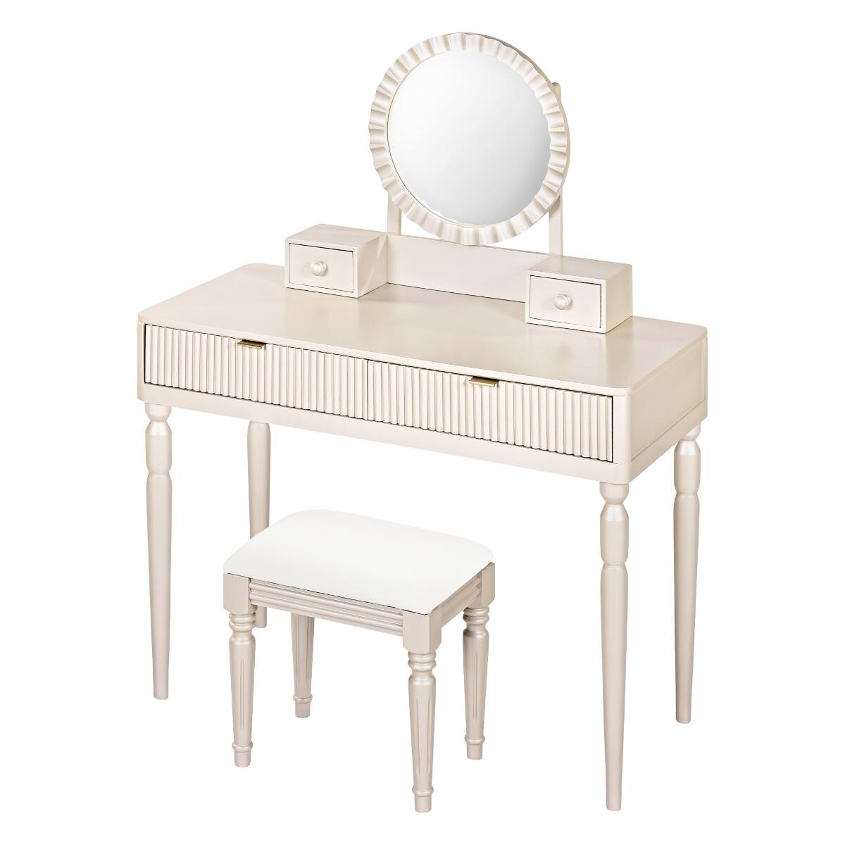 Alt View 1. Loheer - Loheer Makeup Vanity Table with Round Mirror, Champagne, Four Drawers and Stool - Champagne.