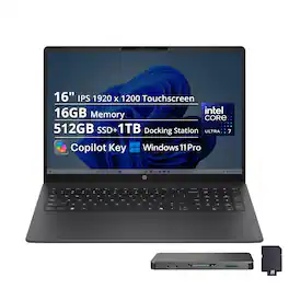 HP - Upgraded - OmniBook 3 16" WUXGA Touchscreen Laptop,Intel Core Ultra 7 255U,16GB DDR5,512GB SSD+1TB Dock,Wi-Fi 7,Win 11 Pro - Black