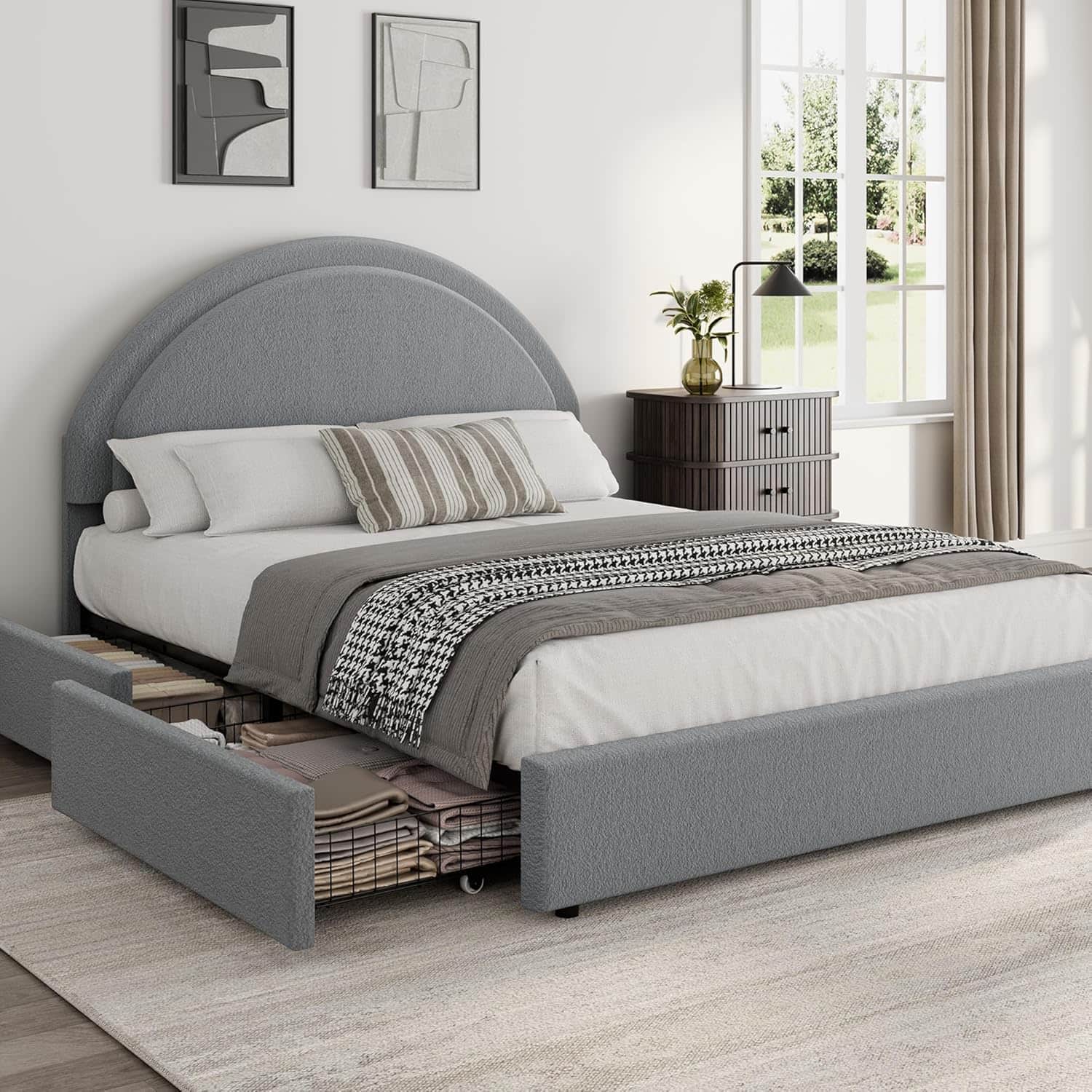 Homhougo - Full Boucle Bed Frame with Storage Drawers, Grey Upholstered Platform Bed with Round Headboard, Heavy-Duty - Gray