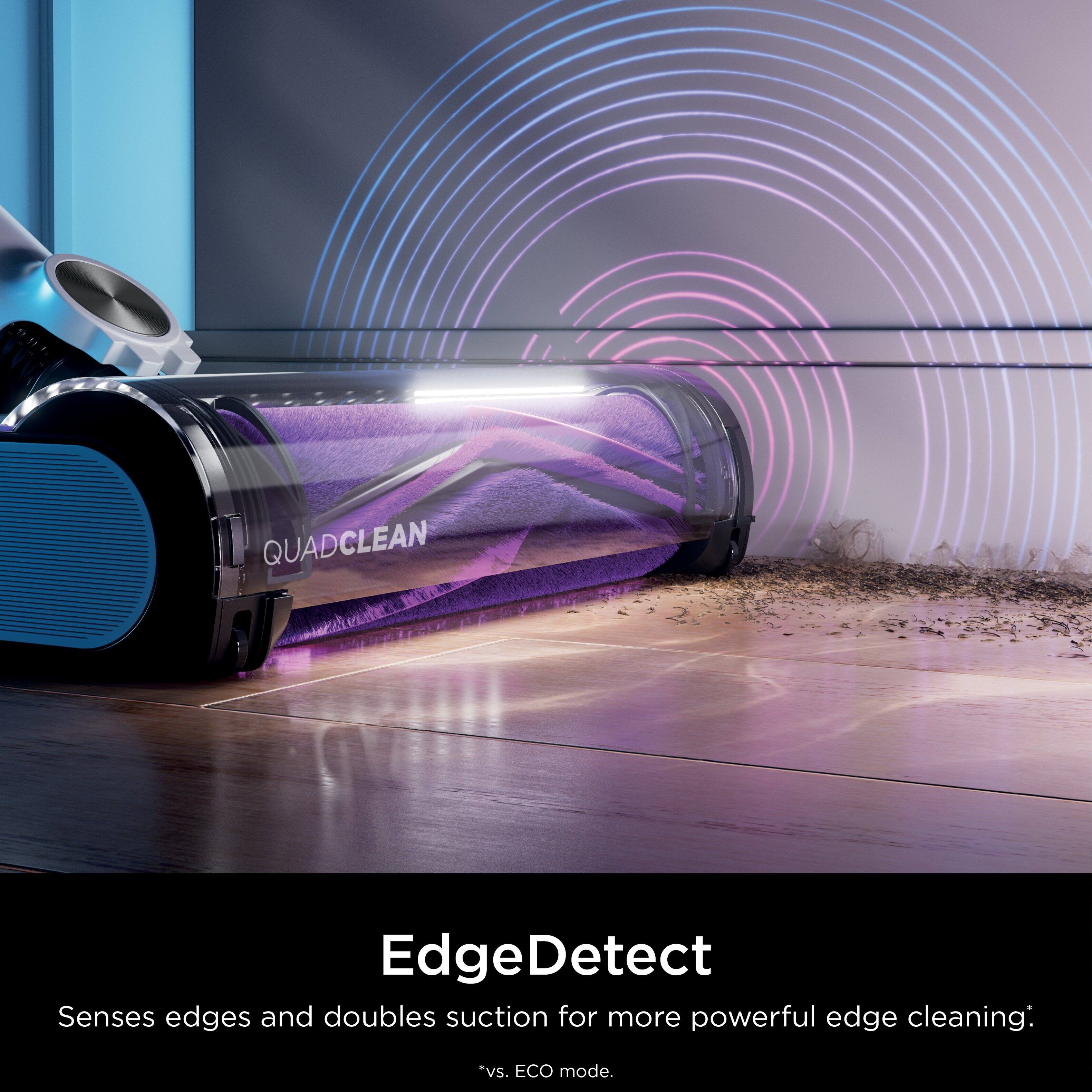 The text on the image reads: "QUADCLEAN EdgeDetect Senses edges and doubles suction for more powerful edge cleaning: *vs. ECO mode."