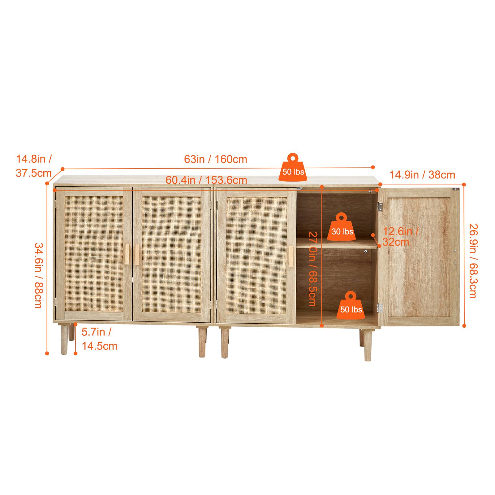 14.8in / 37.5cm  
63in / 160cm  
60.4in / 153.6cm  
34.6in / 88cm  
5.7in / 14.5cm  
14.9in / 38cm  
12.6in / 32cm  
26.9in / 68.3cm  
50 lbs  
30 lbs  
50 lbs