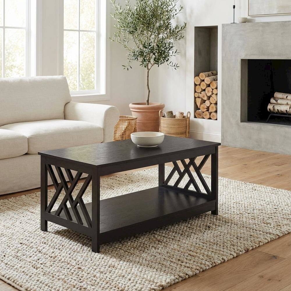 Back. FurniFact - Espresso Coffee Table with Shelf MDF Construction Sturdy Storage Design - Espresso.