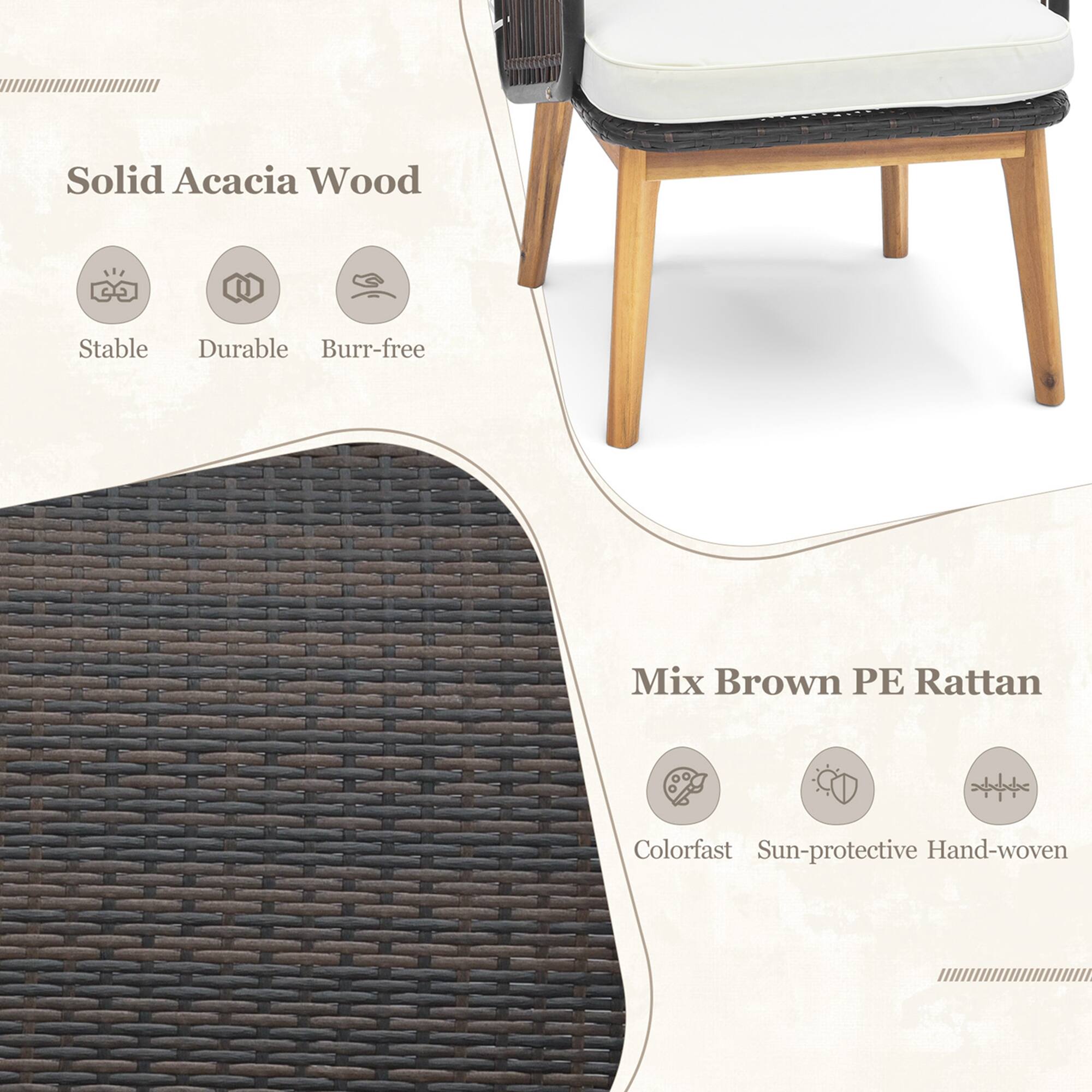 Solid Acacia Wood Stable Durable Burr-free

Mix Brown PE Rattan Colorfast Sun-protective Hand-woven