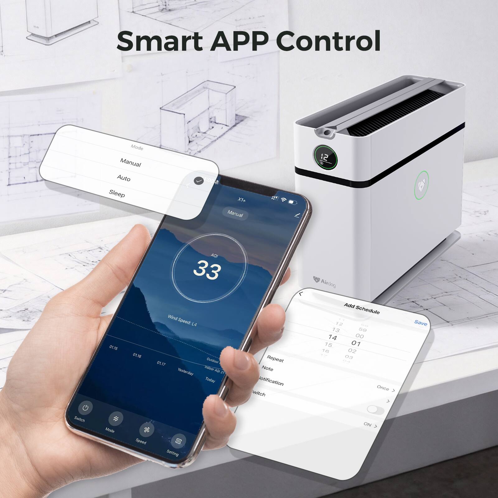 Smart APP Control  
Made Manual Auto Sleep 00  
Manual 12 ACI 33 Aledog 0018 ZEM Wind Soved L4 D17 Vecterder Gustoer Po - H Rodey Repeat Notification witch Aa Schedule 12 13 1 14 DO TN 01 TO O2 n3 ance - a Save Daltrt Dlnde g Speed 00 Setting ON