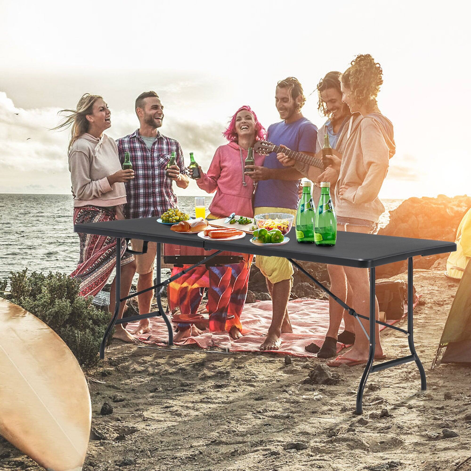 Alt View 2. Vecelo - Folding Dining Table– Heavy Duty HDPE Portable Table for Family Gatherings, Camping & Parties - Black.