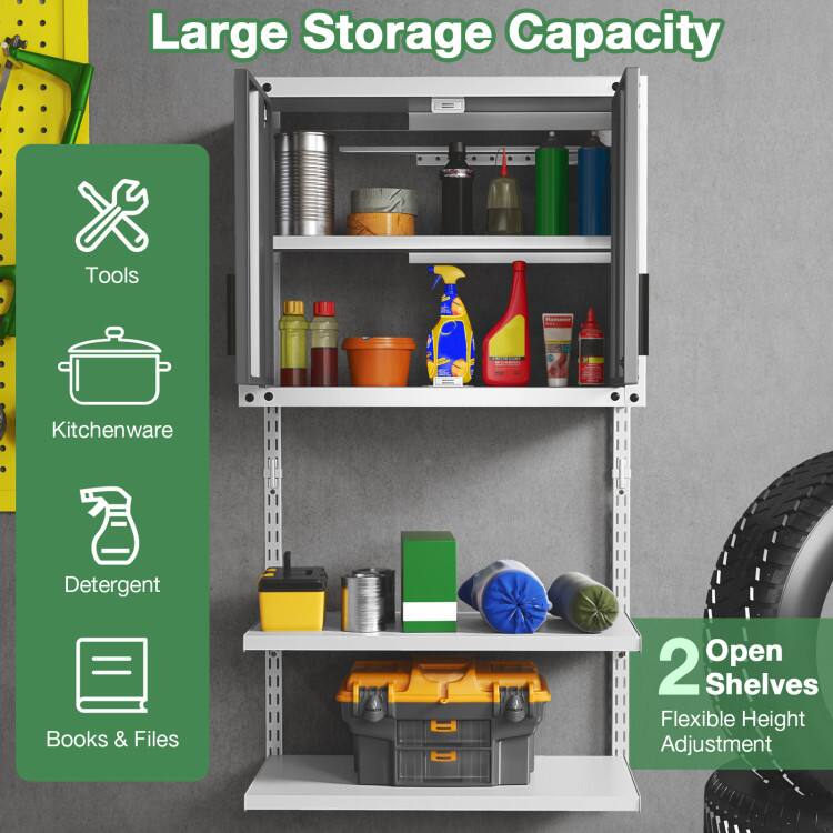 Large Storage Capacity  
Tools  
Kitchenware  
Detergent  
Books & Files  
2 Open Shelves  
Flexible Height Adjustment