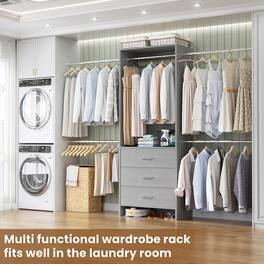 Aheaplus - Closet Organizer System with 3 Wood Drawers & 4 Hanging Rods – Walk-in Wardrobe Storage Rack - Gray