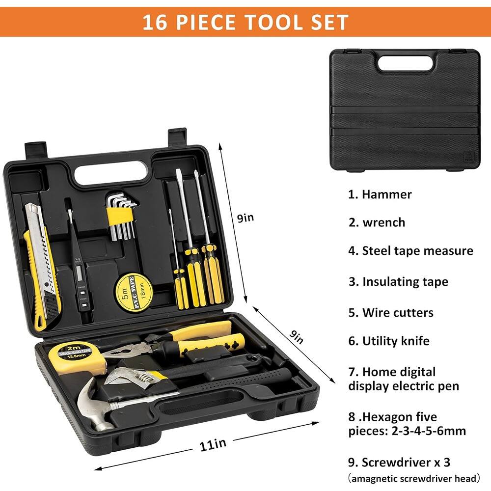 16 PIECE TOOL SET

1. Hammer  
2. Wrench  
3. Insulating tape  
4. Steel tape measure  
5. Wire cutters  
6. Utility knife  
7. Home digital display electric pen  
8. Hexagon five pieces: 2-3-4-5-6mm  
9. Screwdriver x 3 (amagnetic screwdriver head)