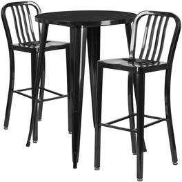 Emma + Oliver - Commercial 30" Round Metal Indoor-Outdoor Bar Table Set & 2 Slat Back Stools - Black