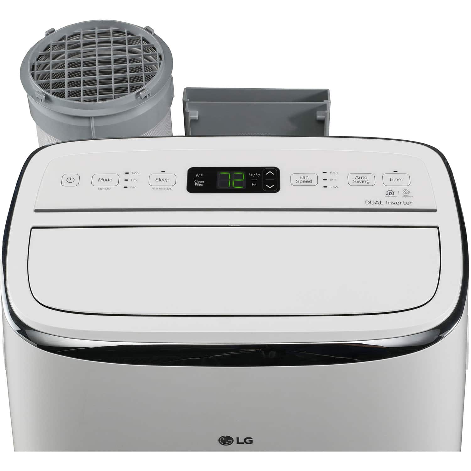 The image shows a white LG washer and dryer combo. The washer has a digital display that shows the time and the fan speed. The dryer is located on top of the washer, and the two appliances are sitting next to each other. The washer and dryer are both made by LG, and they are designed to be energy-efficient and convenient for use.