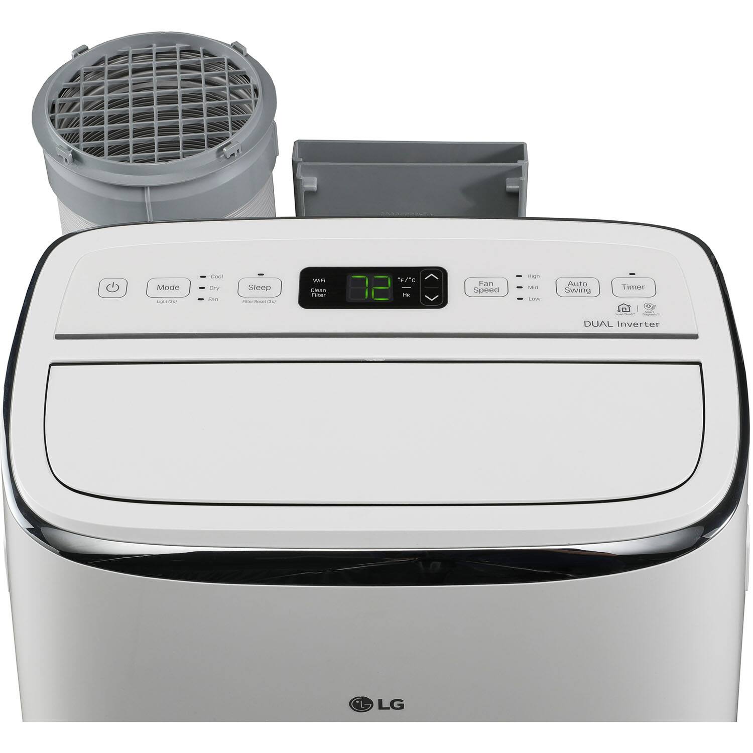 The image shows a white LG washer and dryer combo. The washer has a digital display that shows the time and the fan speed. The dryer is located on top of the washer, and the two appliances are sitting next to each other. The washer and dryer are both made by LG, and they are designed to be energy-efficient and convenient for use.