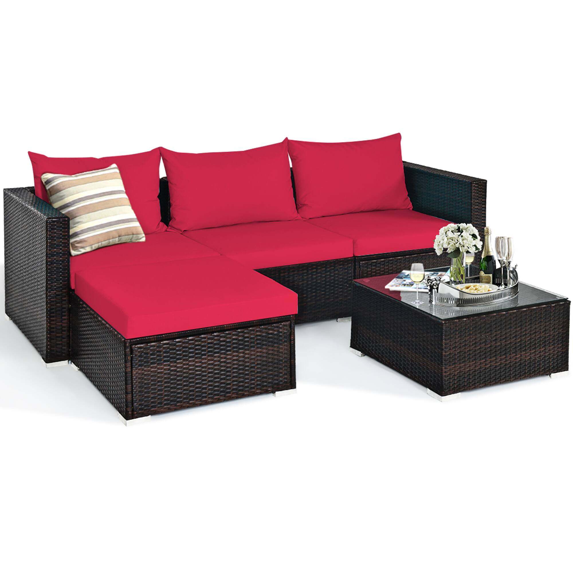 Alt View 1. Gymax - Gymax 5PCS Cushioned Rattan Patio Conversation Set w/ Ottoman Red Cushion - Red.