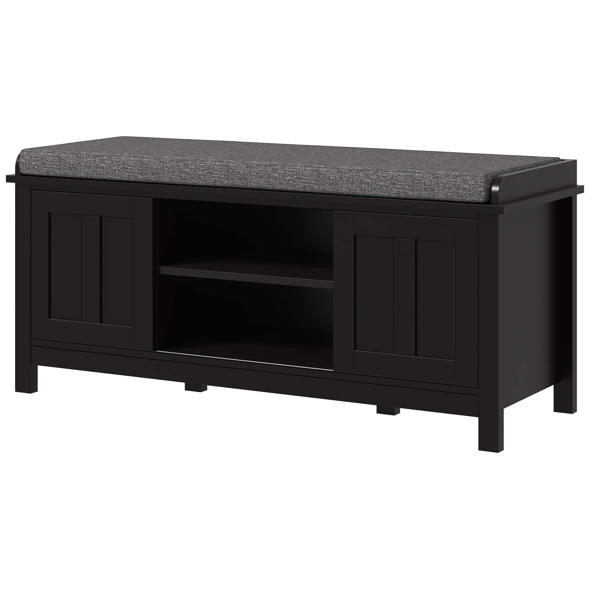 Homcom - Shoe Storage Bench, Entry Way Bench with Cushion, 2 Sliding Doors, Storage Ottoman Bench - Black