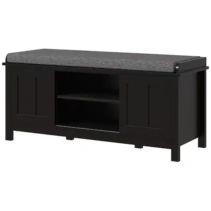 Front. Homcom - Shoe Storage Bench, Entry Way Bench with Cushion, 2 Sliding Doors, Storage Ottoman Bench - Black.
