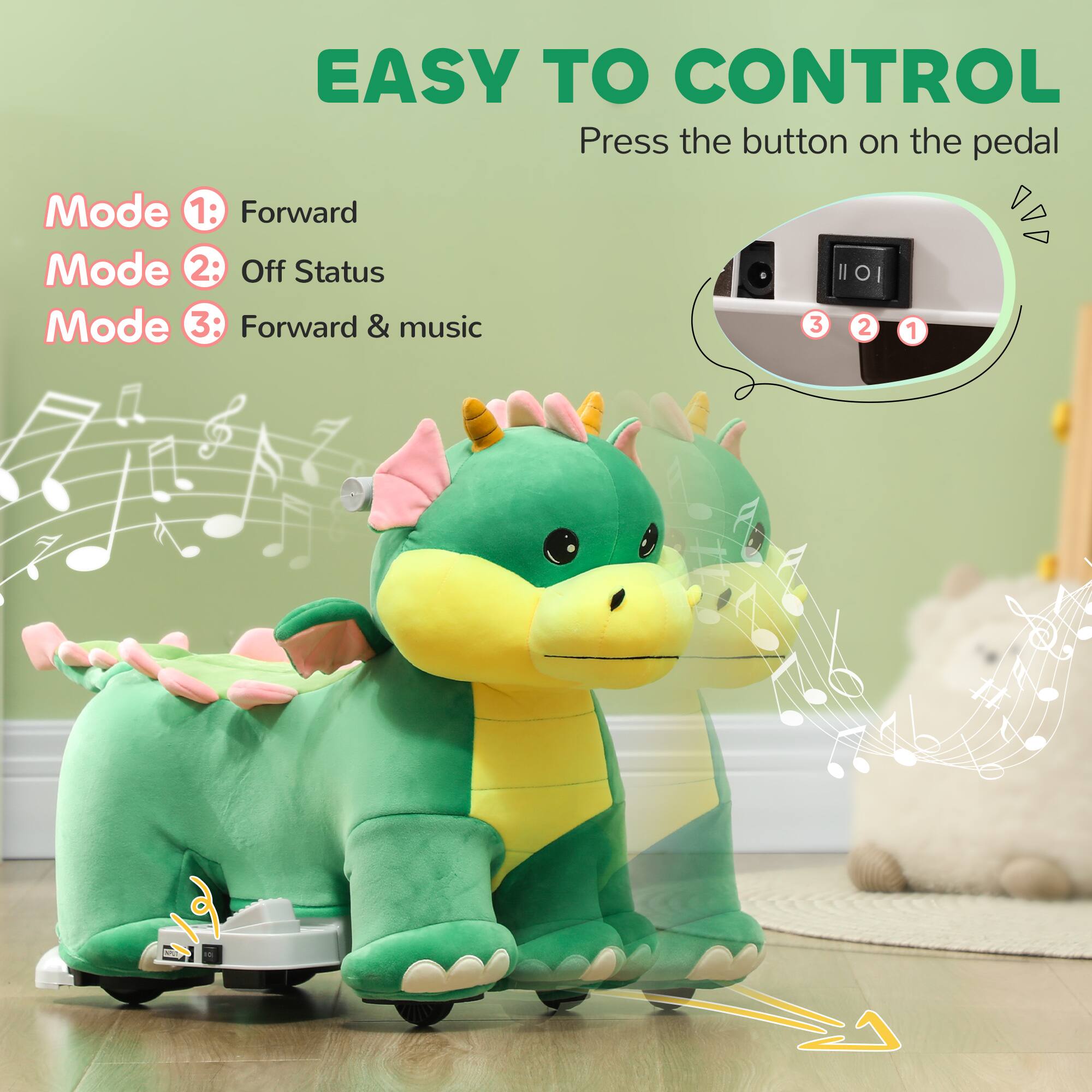 EASY TO CONTROL  
Press the button on the pedal

Mode 1: Forward  
Mode 2: Off Status  
Mode 3: Forward & music  

3 2 1