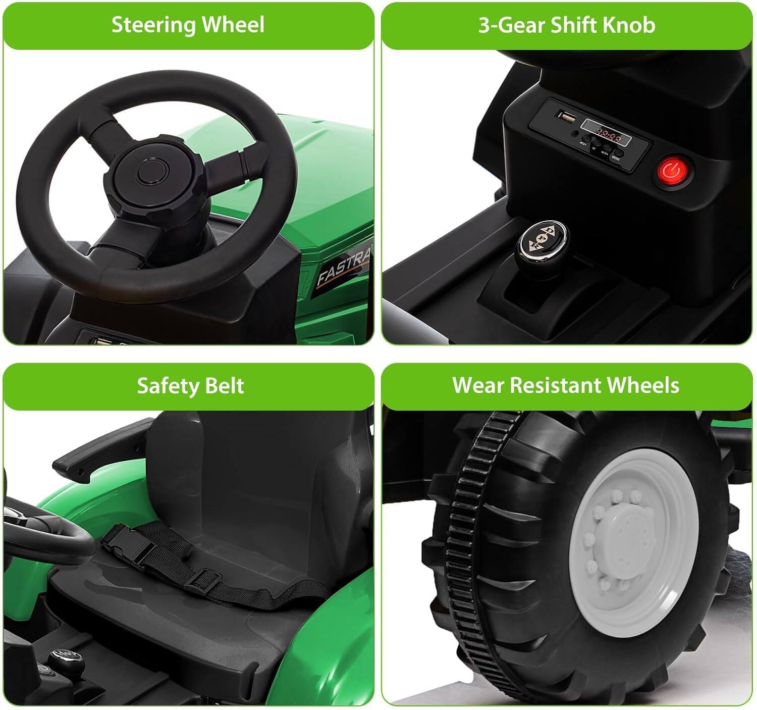 - Steering Wheel
- 3-Gear Shift Knob
- Safety Belt
- Wear Resistant Wheels