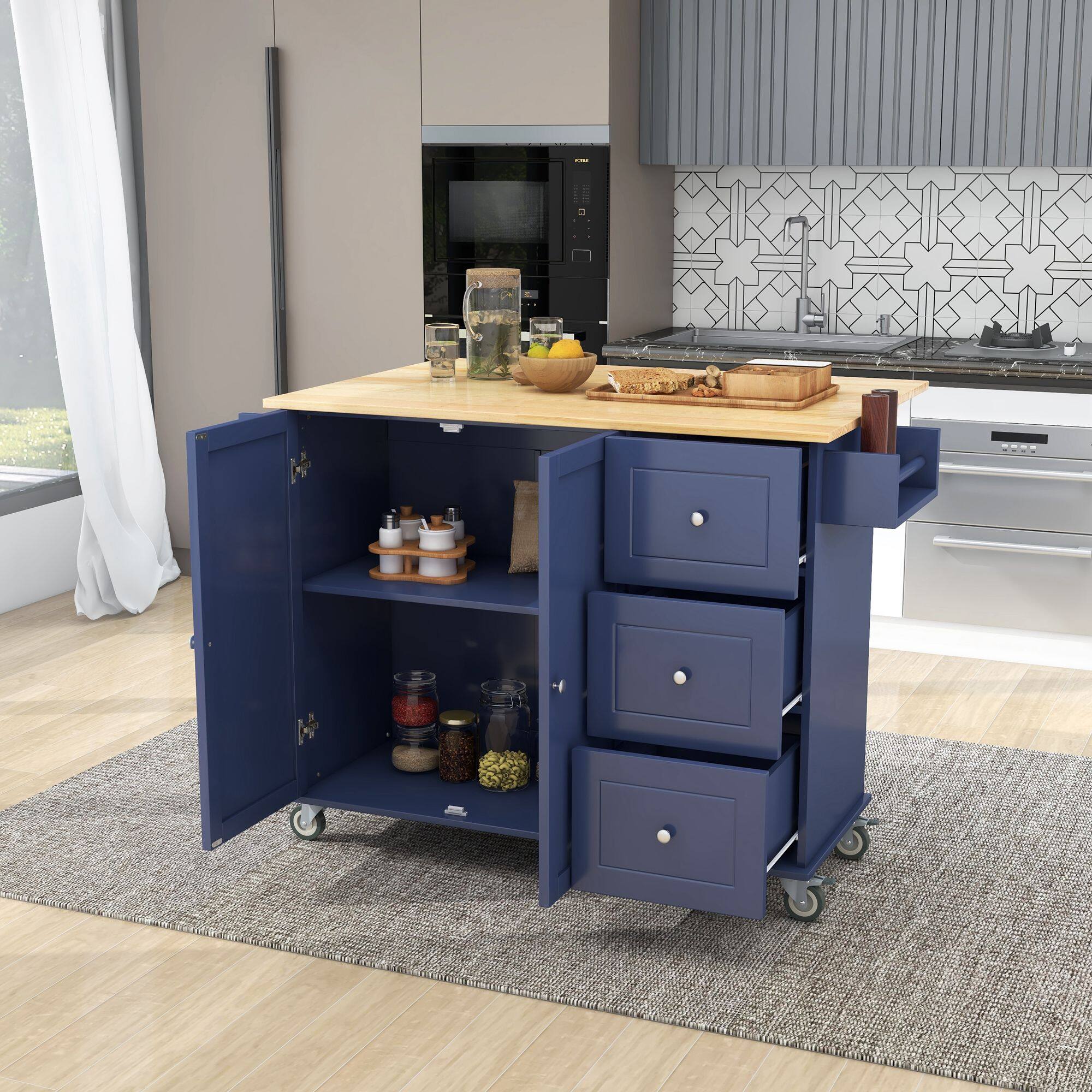 Angle. Mirfee - 52.7" Mobile Kitchen Island with Solid Wood Top, Locking Wheels, Drop Leaf, Spice Rack - Blue.