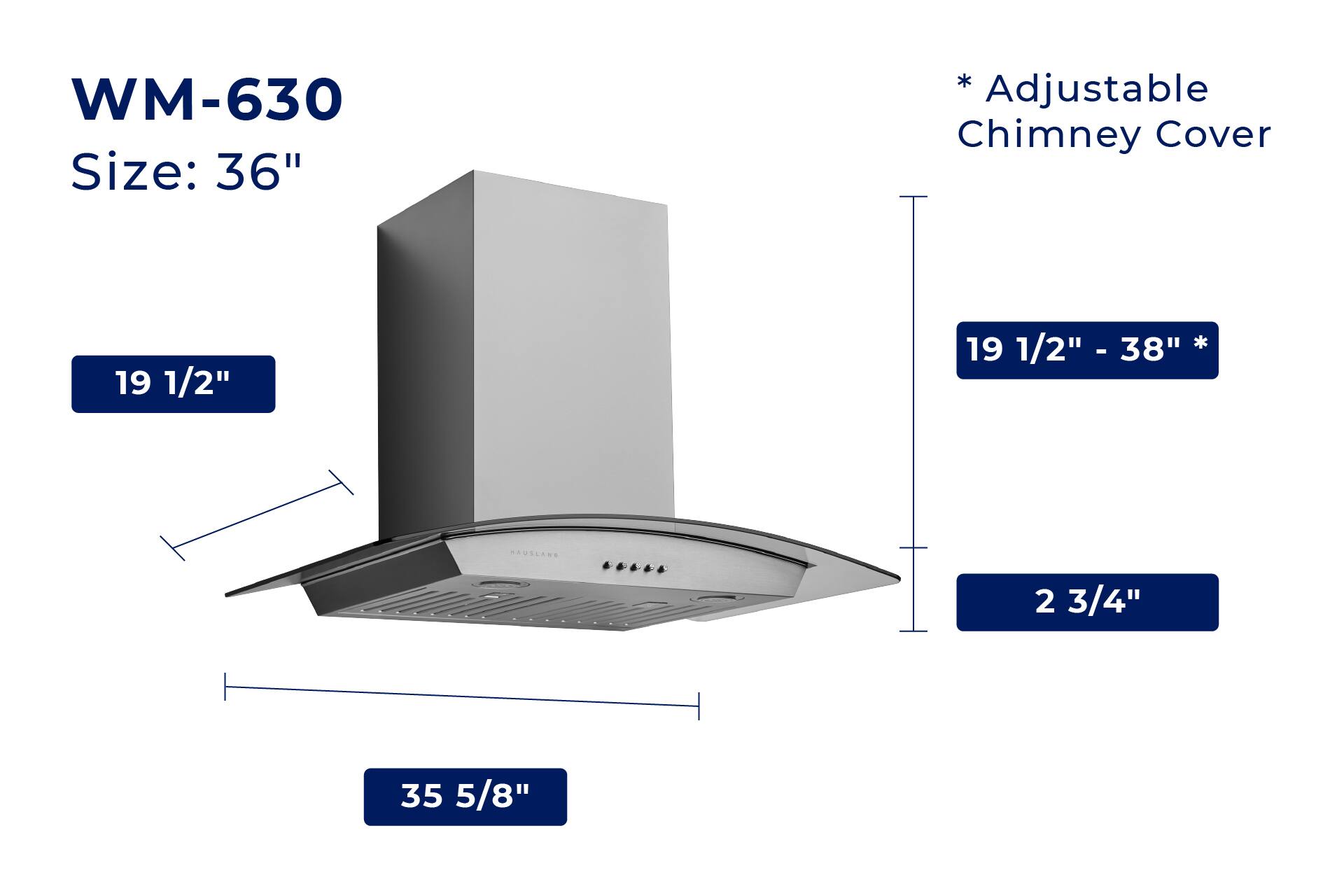 WM-630 Size: 36" * Adjustable Chimney Cover 19 1/2" - 38" * 2 3/4" 35 5/8"