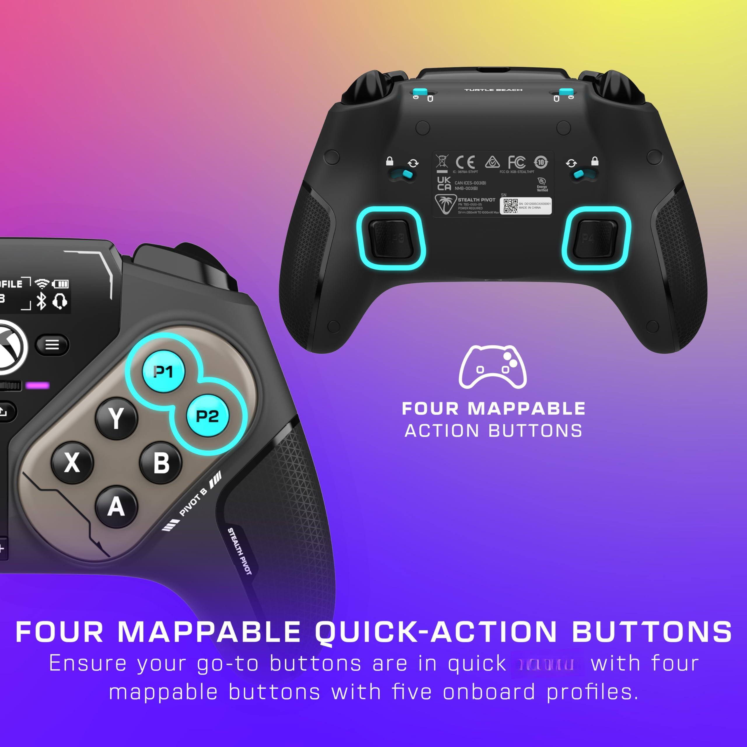Sure, here is the corrected and grouped text:

---

**FOUR MAPPABLE ACTION BUTTONS**

**FOUR MAPPABLE QUICK-ACTION BUTTONS**

Ensure your go-to buttons are in quick reach with four mappable buttons with five onboard profiles.

---

**P1**  
**P2**

---

**I - UK - ... - CH - - - 1 - - - : C.. mn - s : - | FILE B IN P1 L F X Y A P2 I - PIVOT STEALTH RVOT FOUR MAPPABLE ACTION BUTTONS FOUR MAPPABLE QUICK-ACTION BUTTONS**

---

**TURTLE BEACH**  
**PIVOT**  
**STEALTH**  
**PIVOT**  
**PIVOT**  
**PIVOT**  
**PIVOT**  
**PIVOT**  
**PIVOT**  
**PIVOT**  
**PIVOT**  
**PIVOT**  
**PIVOT**  
**PIVOT**  
**PIVOT**  
**PIVOT**  
**PIVOT**  
**PIVOT**  
**PIVOT**  
**PIVOT**  
**PIVOT**  
**PI