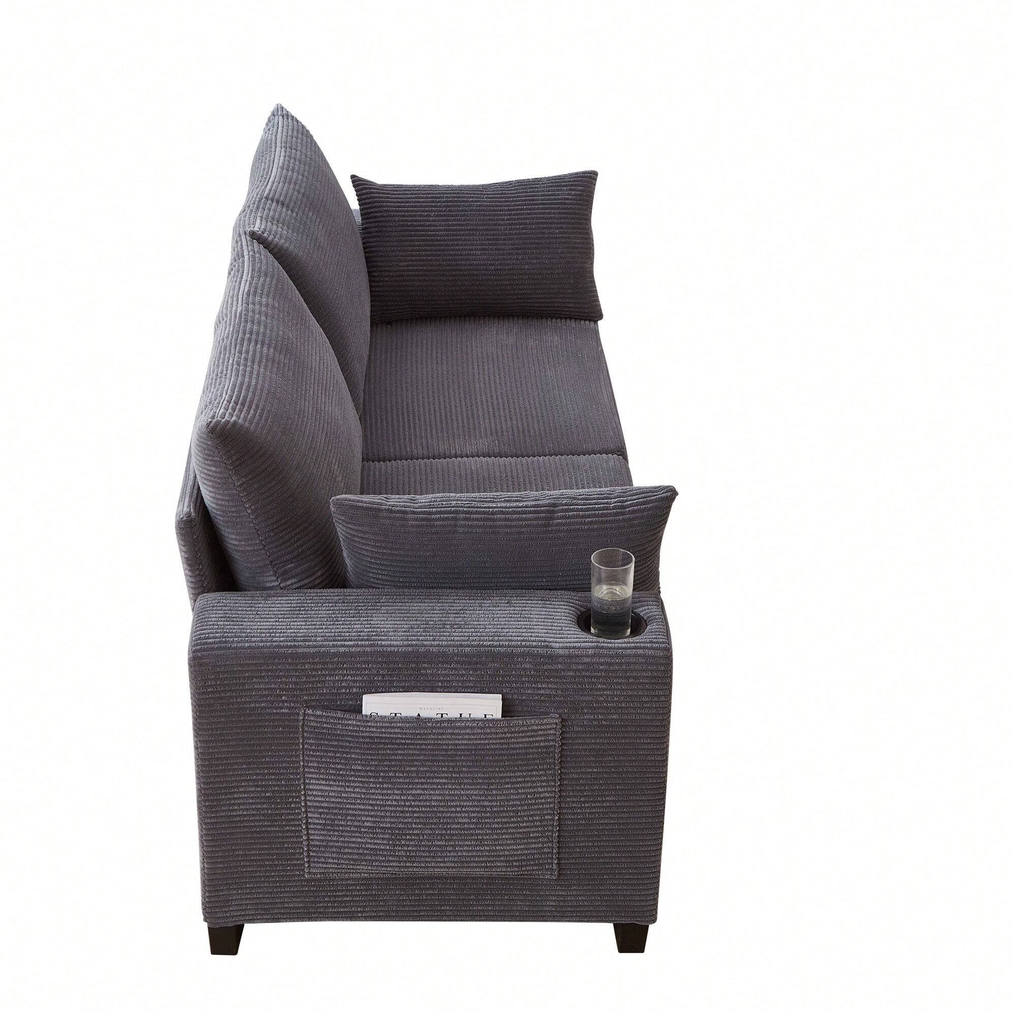 Alt View 1. Trinkets Crazed - 78" Corduroy Loveseat Sofa Couch, Comfy Couches For Living Room, Modern Sofa With Cup Holders - Gray.