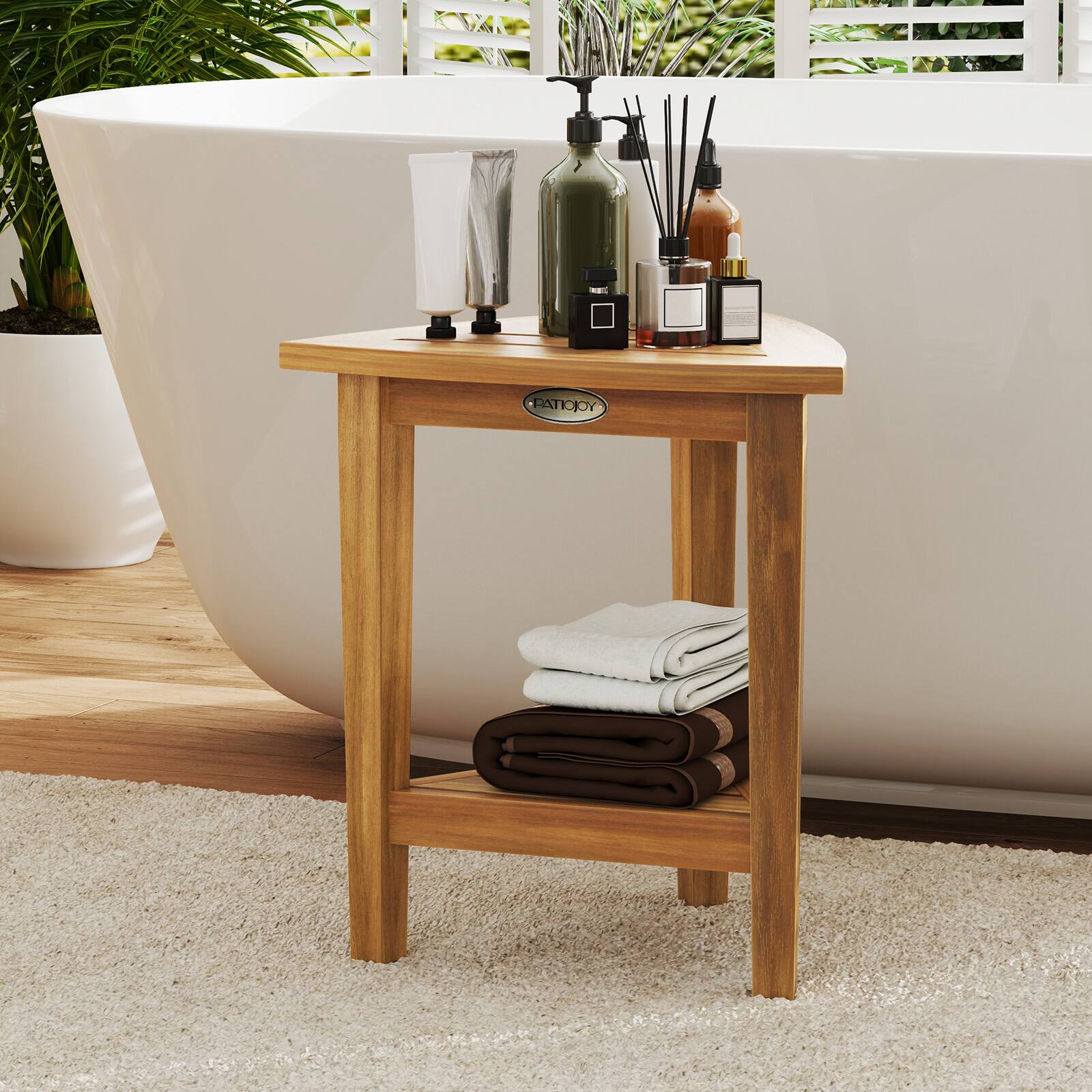 Alt View 3. Gymax - Gymax Shower Stool Teak Wood Corner Bath Stool w/ Storage Shelf Shower Seat Chair - Natural.