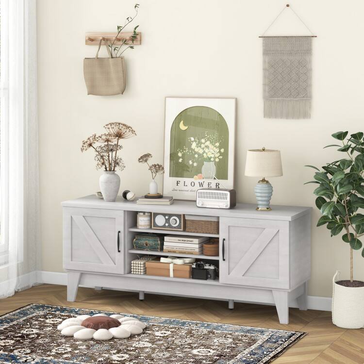 Back. SlickBlue - Farmhouse TV Stand with 2 Barn Door Cabinets for Living Room Storage - White.