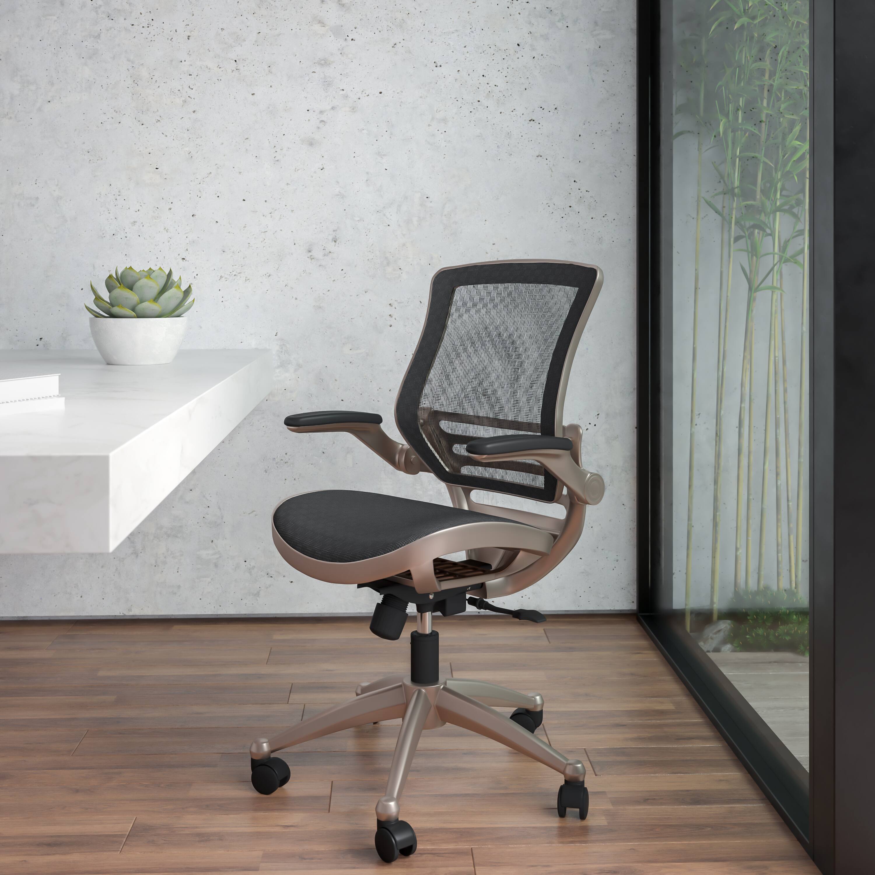 Alt View 1. Emma + Oliver - Mid-Back Transparent Mesh Executive Swivel Office Chair with Flip-Up Arms - Black Mesh/Gold Frame.