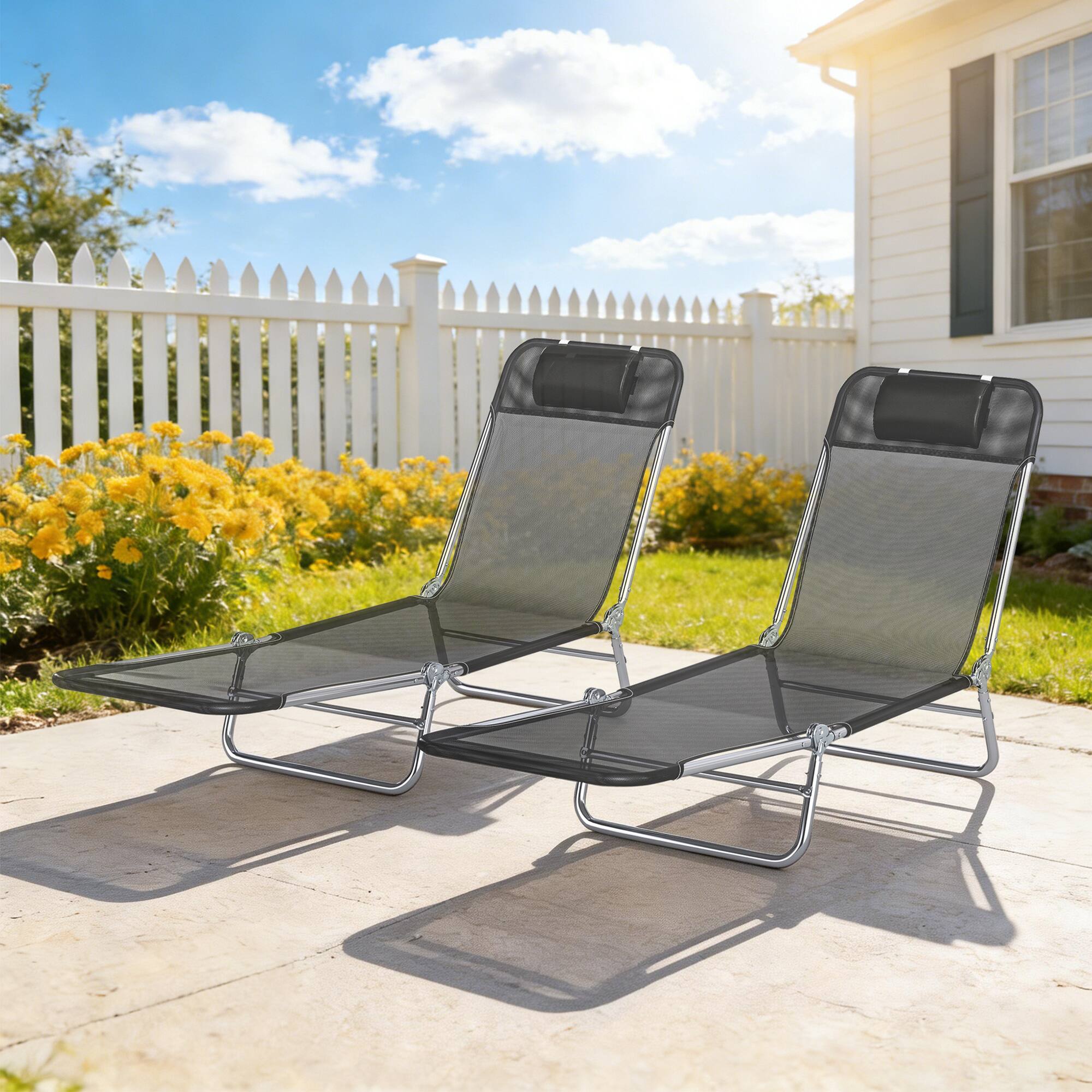 Alt View 8. Outsunny - Piece Sun Loungers, Folding Chaise Lounge Chairs with Reclining Back, Breathable Mesh Seat - Black.