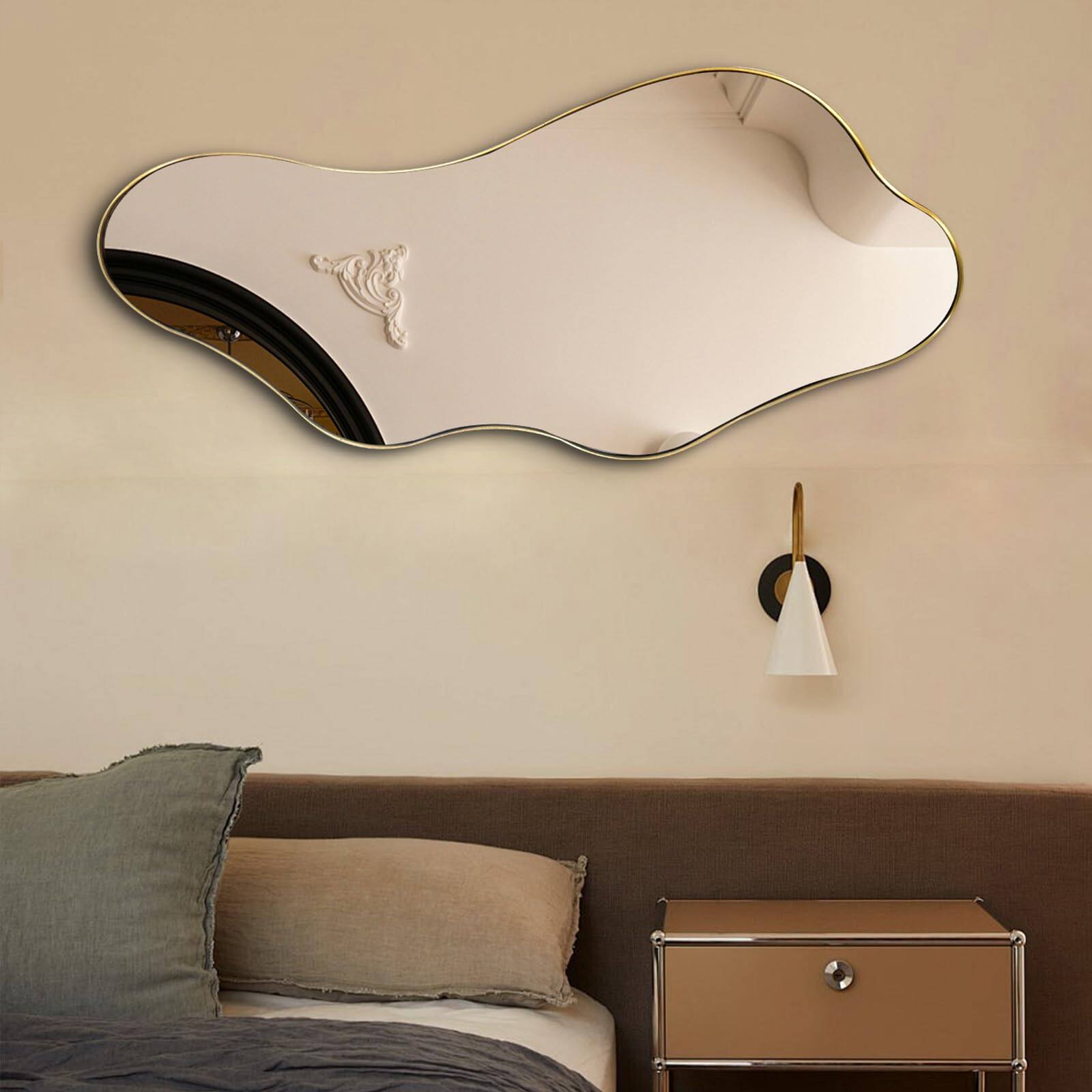 Comfort Essence - Irregular Mirror Asymmetrical Wall Mirrors Decorative 40"x18" Wavy Shaped With Metal Frame Modern Abstrac - Gold-63"L x 30"W