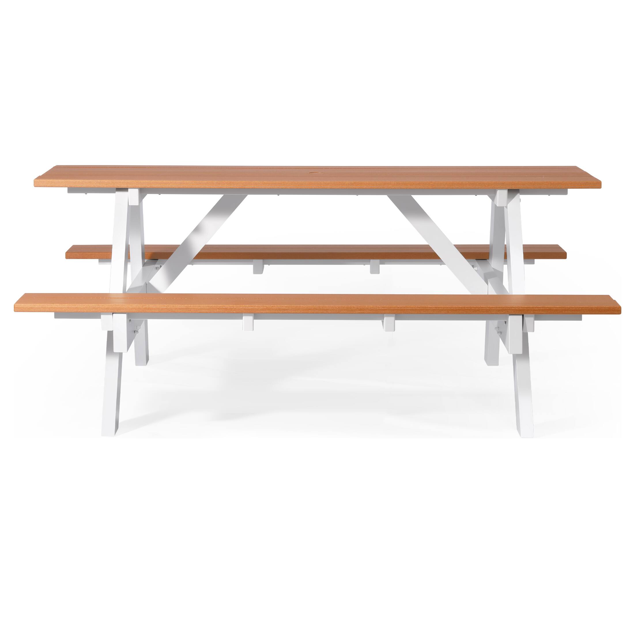 Back. WestinTrends - WestinTrends Greenville Outdoor 70" HDPE Plastic Picnic Table Bench With Umbrella Hole - Teak.