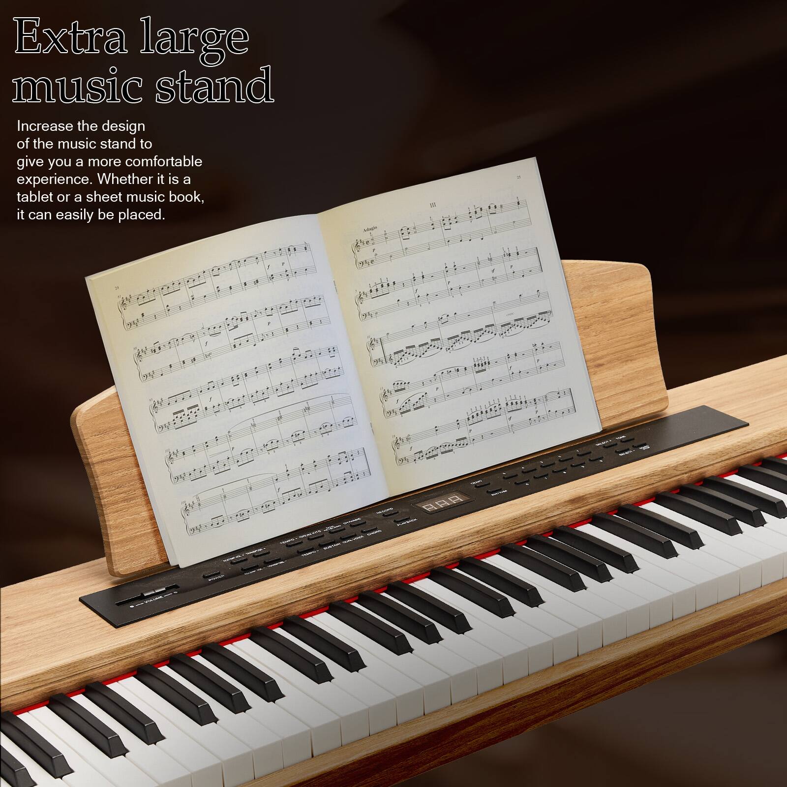 Extra large music stand

Increase the design of the music stand to give you a more comfortable experience. Whether it is a tablet or a sheet music book, it can easily be placed.