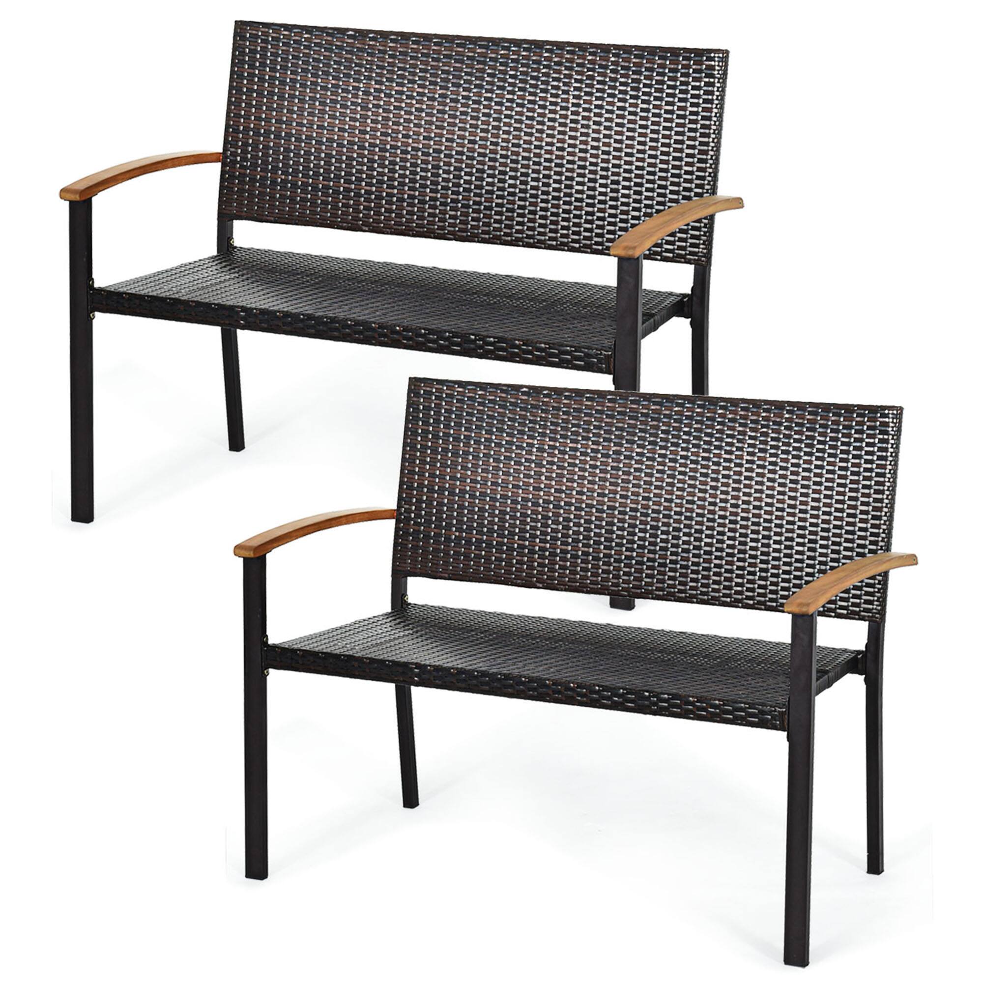 Front. Gymax - Gymax Set of 2 Patio Wicker Bench All Weather Rattan Chair Loveseat w/ Acacia Armrest - Black.