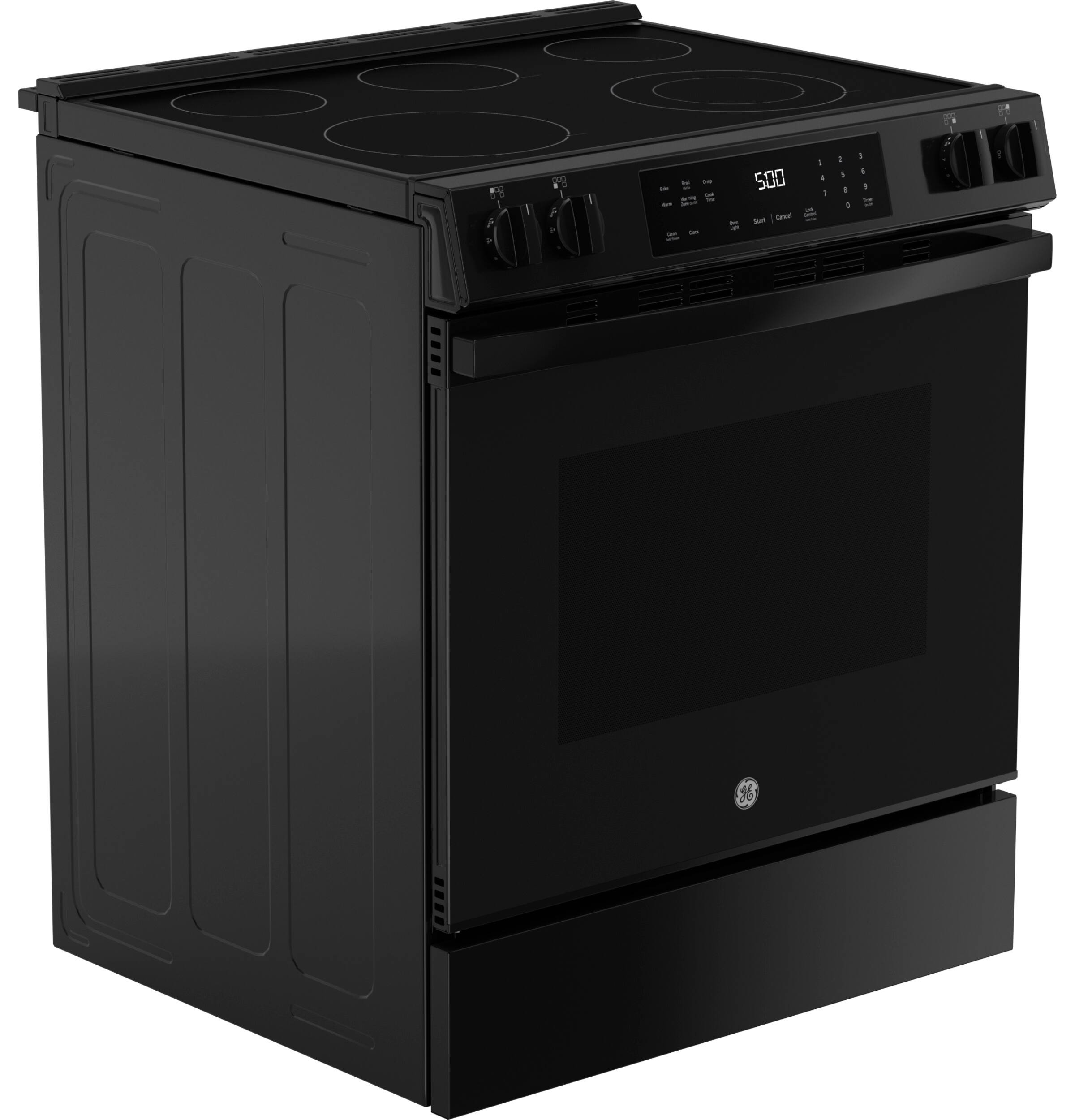 Angle. GE - 5.3 Cu. Ft. Slide-In Electric Range with Self-Clean and Steam Cleaning Option and Crisp Mode - Black.