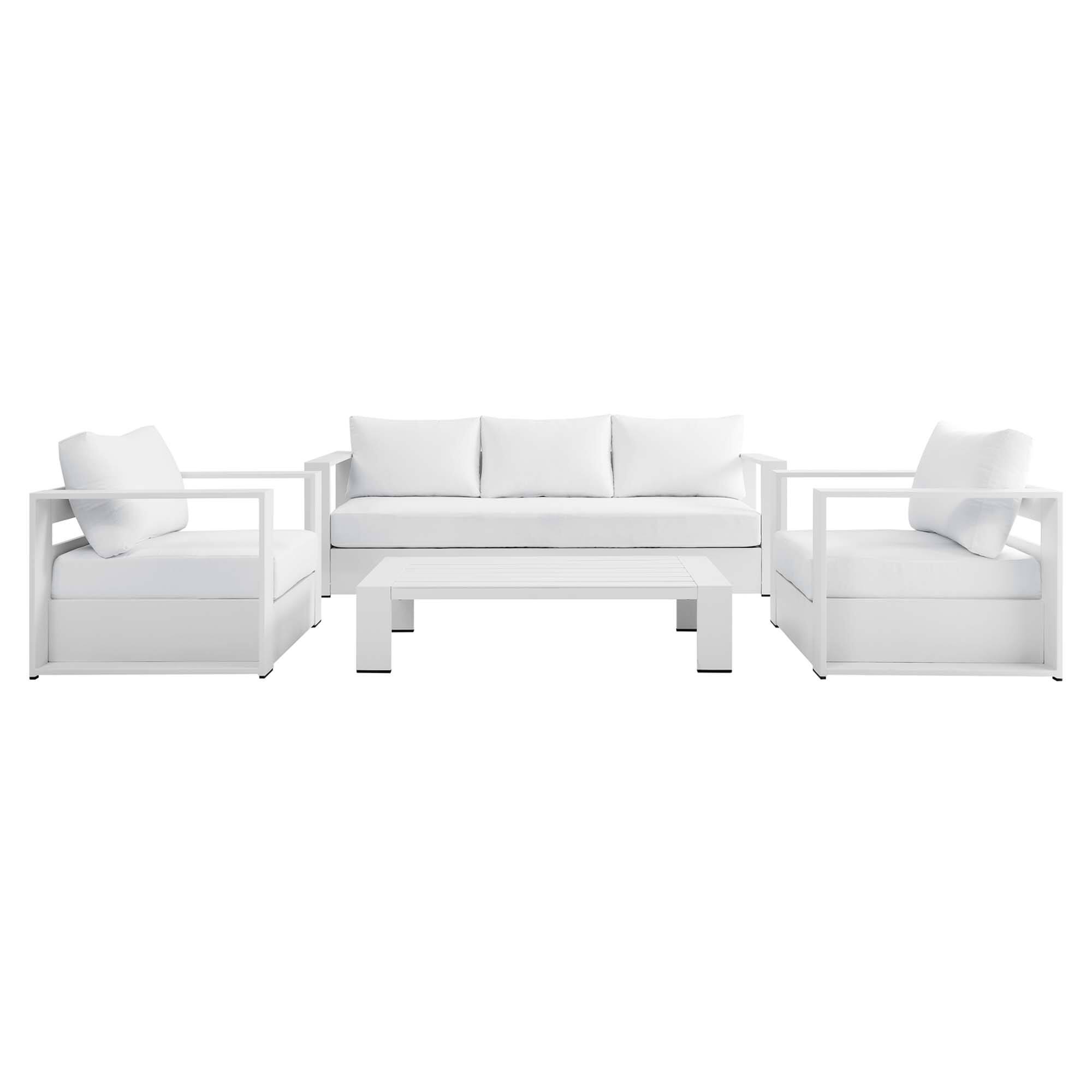 Alt View 1. Modway - Tahoe 4-Piece Outdoor Patio Set - Powder-Coated Aluminum, Cushioned Sofa, 2 Armchairs, Coffee Table - White White.